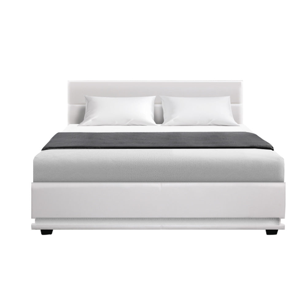 Henley Double Gas Lift Storage Bed Frame with LED Lights - White | Modern Platform Bed with Hidden Storage & Adjustable Lighting for Bedroom
