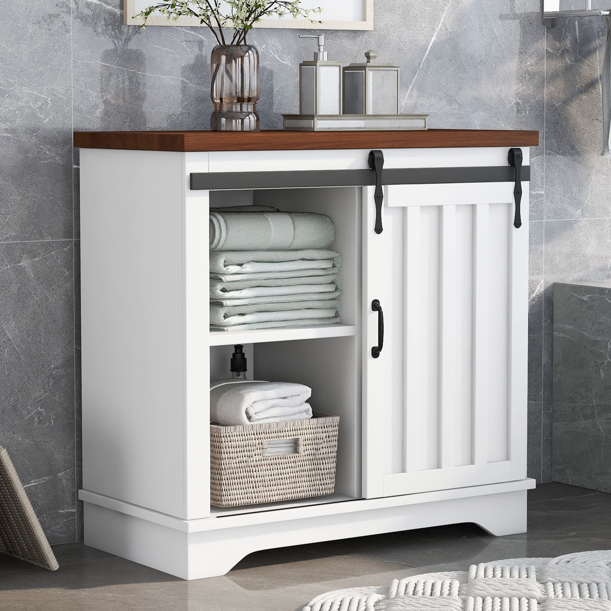 P PURLOVE Bathroom Storage Cabinet with Sliding Barn Door - Adjustable Shelf Floor Cabinet for Bathroom, Living Room & Kitchen - White Multi-Purpose Storage Organizer (Perfect for Small Spaces, Apartment & Home Organization)