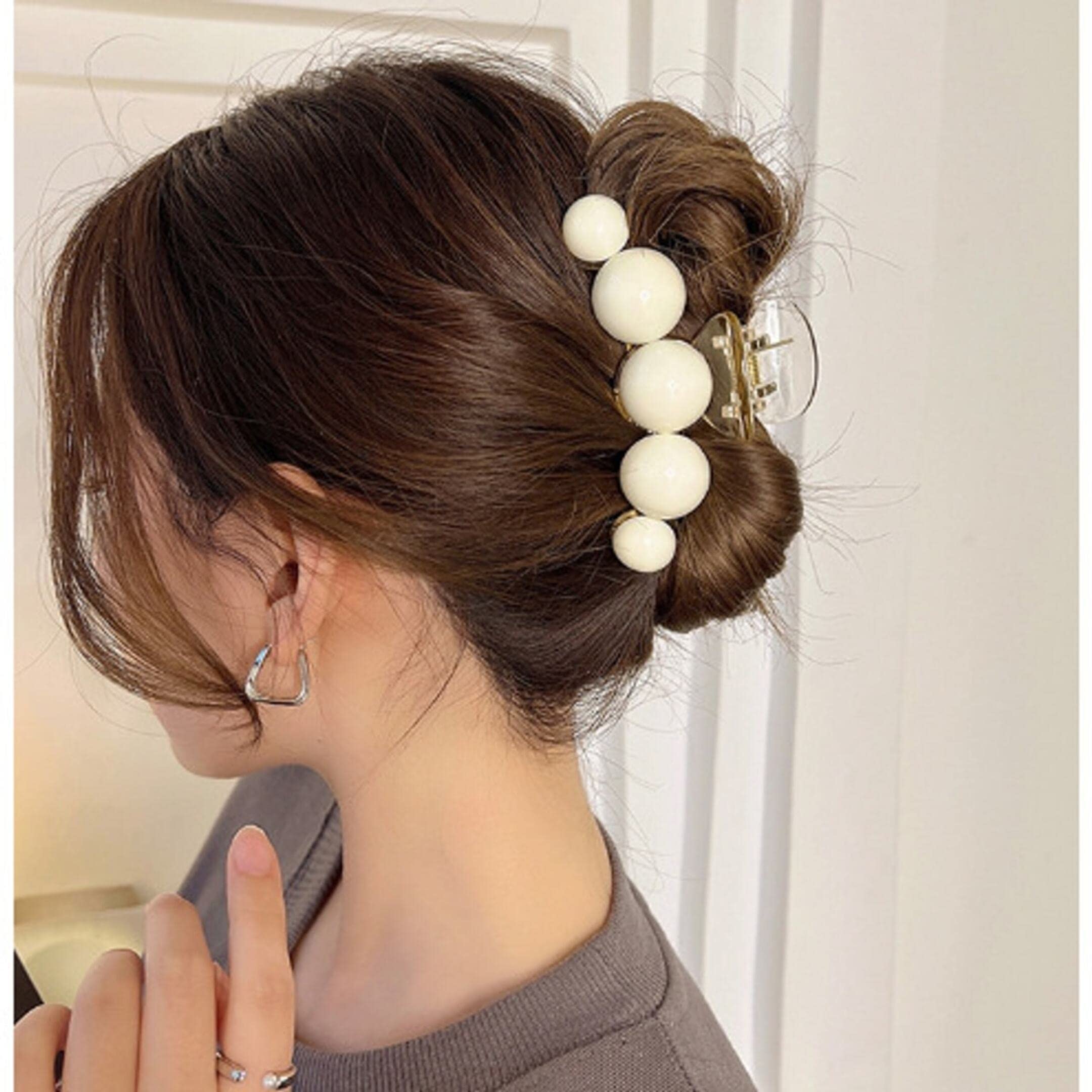 Korean Hair Claw Clip for Thick Hair - Beige Pearl Claw (2 Pack) for Women & Girls | Fashion Hair Accessories for Daily Use