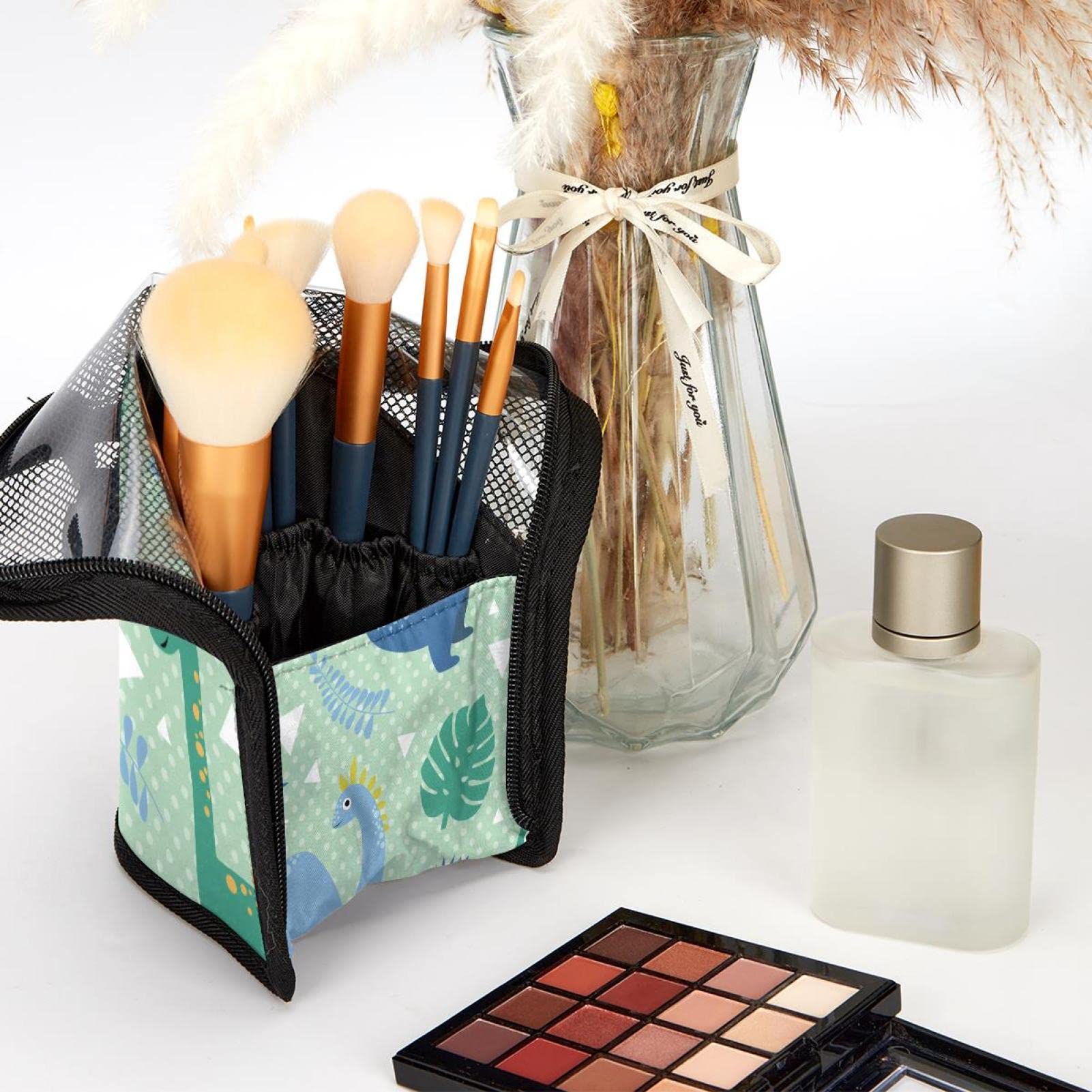 Premium 12-Slot Makeup Brush Organizer Bag with Jungle & Dinosaur Leaf Design - Portable Travel Cosmetic Brush Holder Case for Professional Artists & Beauty Enthusiasts - Perfect for Home Vanity, Travel & Salon Use