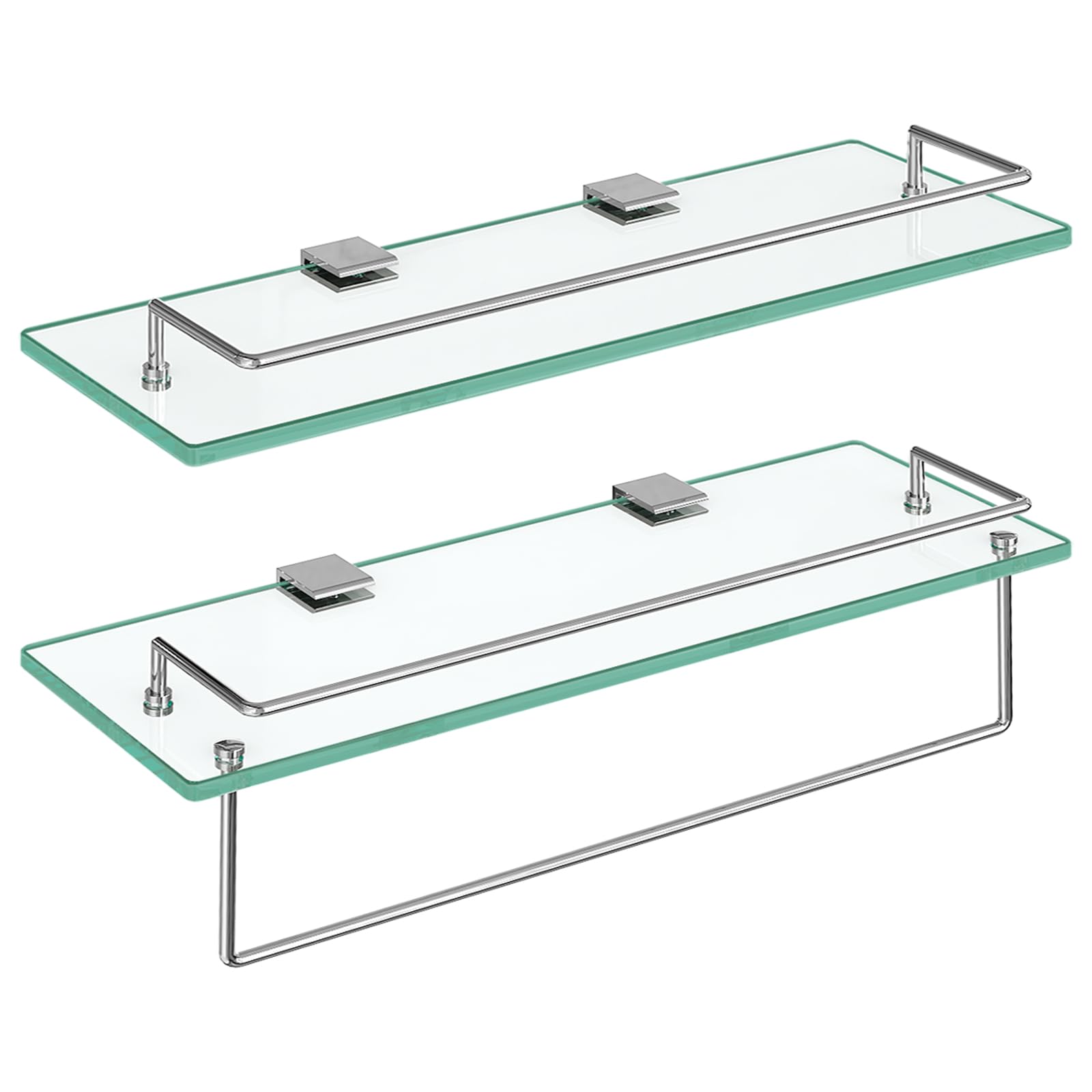 HOOBRO 15.7 Inch Floating Glass Shelves for Bathroom Wall - Set of 2 Tempered Stainless Steel Mounted Shelves for Toilet, Shower, Vanity Organization - Modern Silver Bathroom Decor SV02BJ01 - Perfect for Storing Toiletries, Cosmetics & Bath Essentials