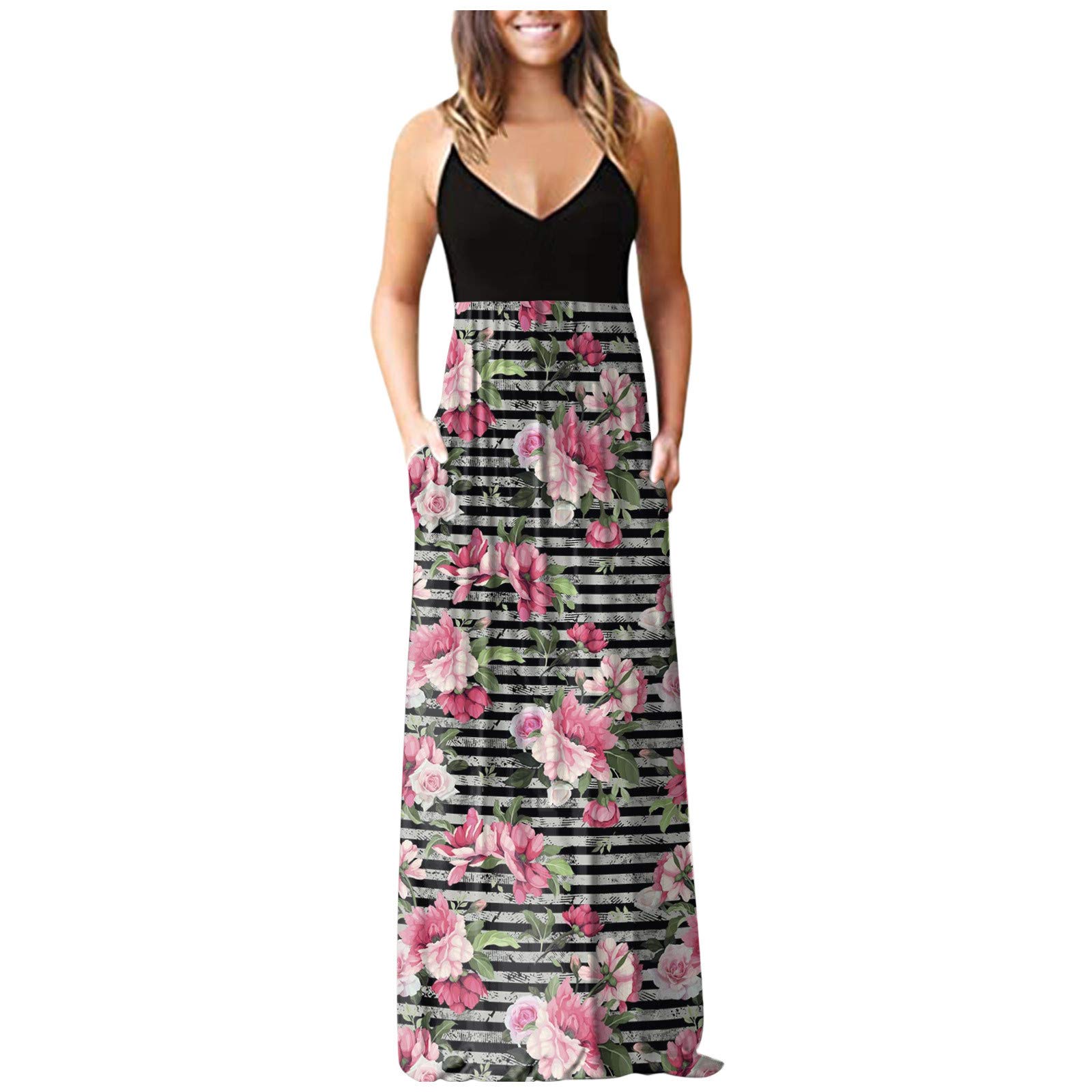 Women's Floral Print V-Neck Sleeveless Maxi Dress with Pockets - Casual Loose Fit Surplice Beach Dress for Summer Vacations, Parties & Outdoor Events
