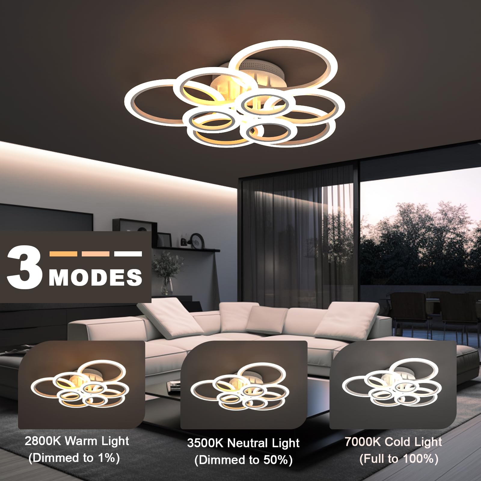 OUQI Modern LED Ceiling Light Fixture - 9-Ring Acrylic Dimmable Chandelier with Remote Control, Flush Mount Lighting for Living Room, Dining Room, Bedroom (White) | Perfect for Home Decor, Interior Lighting & Ambience Setting