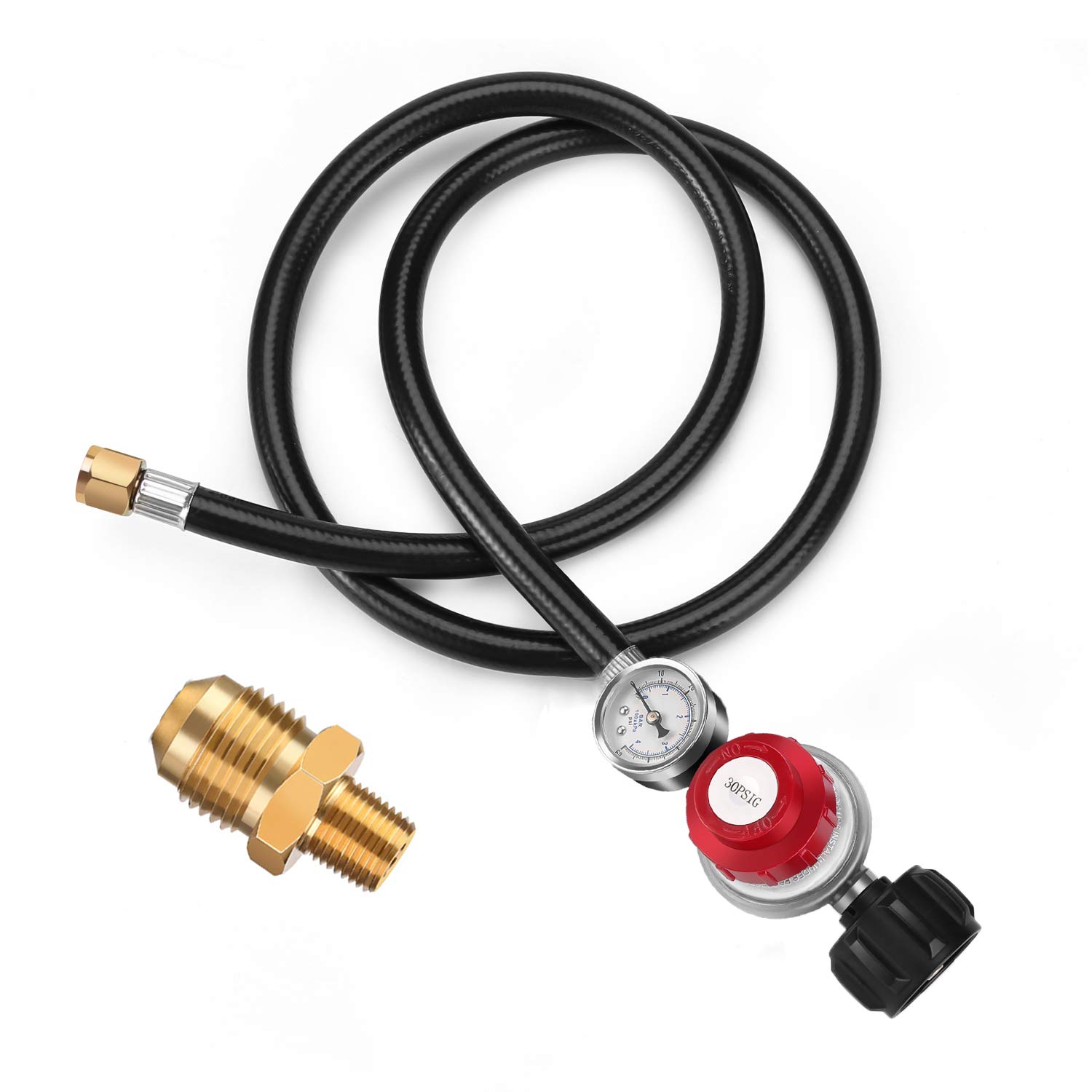 **WADEO 4 FT 0-30 PSI Adjustable High Pressure Propane Regulator with Hose & Gauge, 1/8