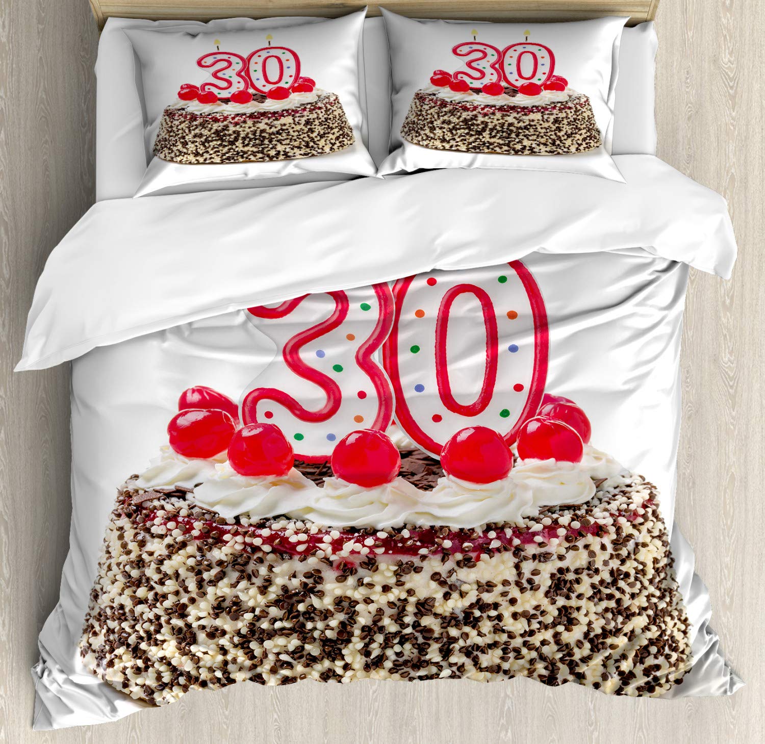 Ambesonne 30th Birthday Duvet Cover Set - California King Size 3-Piece Bedding with Cake & Candles Design, 2 Pillow Shams, Vibrant Multicolor Print - Perfect for Adult Birthday Parties, Bedroom Decor & Gift Ideas