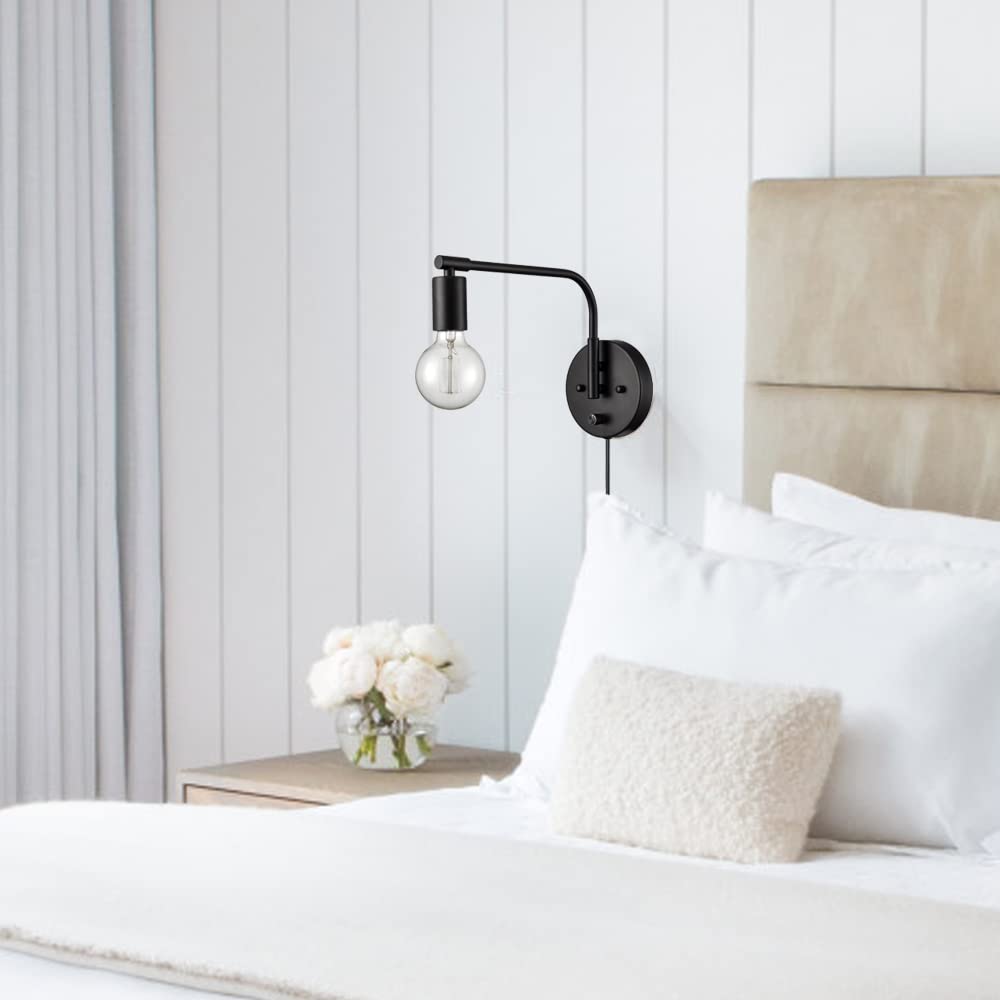 Modern Farmhouse Black Wall Sconces - Set of 2 Plug-in Swing Arm Wall Lamps with Switch - Perfect for Bedroom, Living Room & Home Office Lighting Decor