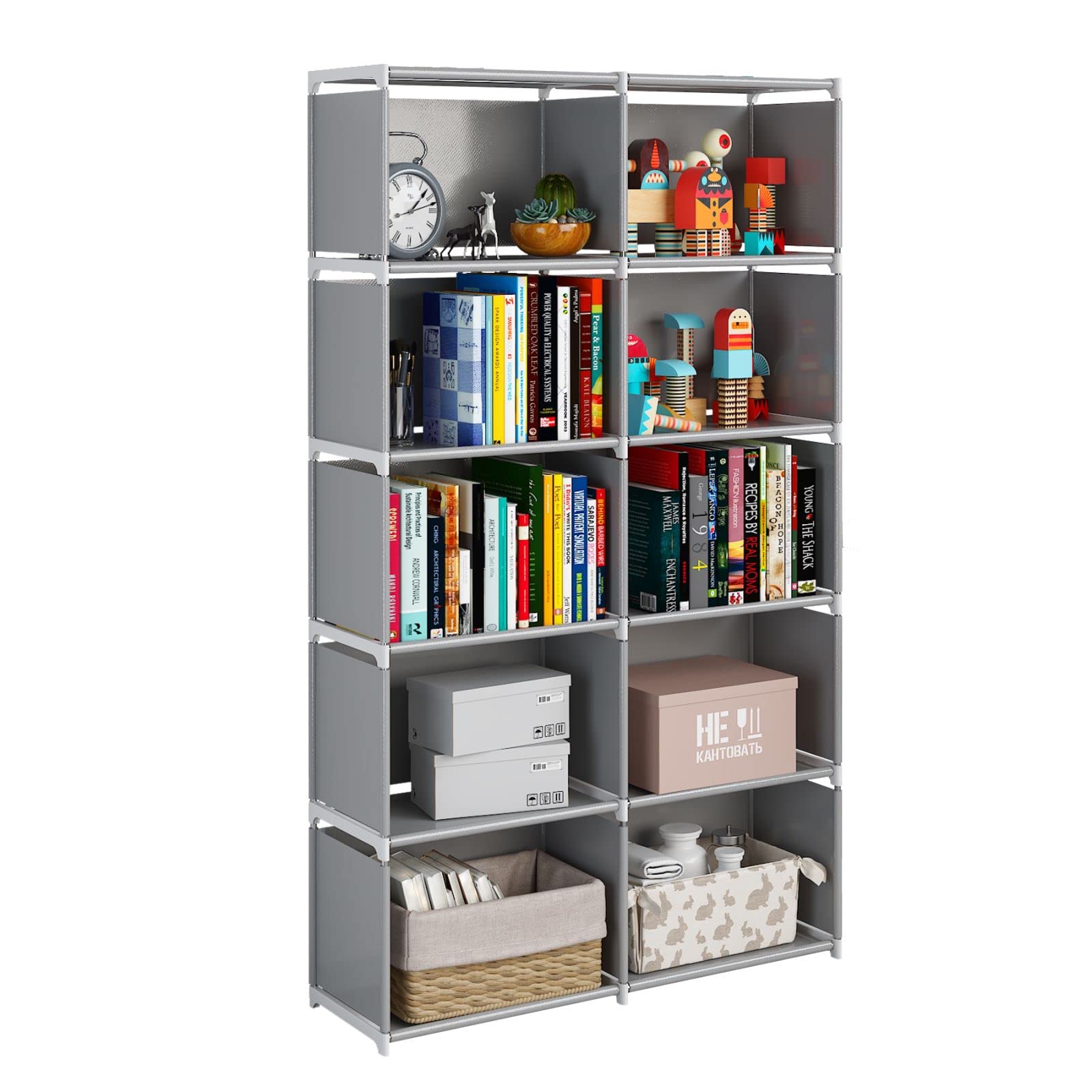 JIUYOTREE 6-Tier Portable Bookshelf with Fabric Back - 10 Cube Storage Organizer Bookcase for Living Room, Study, Bedroom - Space Saving Closet Organizer (Grey) | Perfect for Small Spaces, Kids Room & Home Office Organization