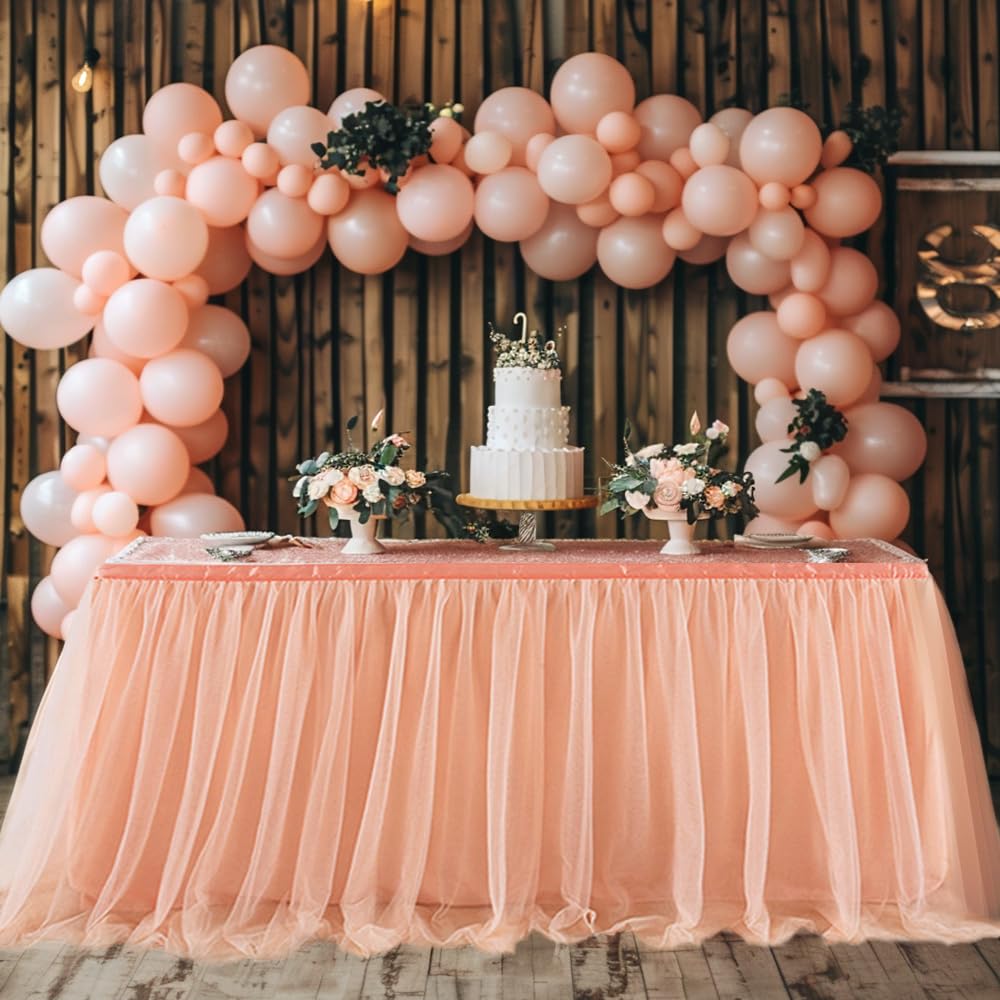 8FT Rose Gold Tulle Table Skirt for Rectangle Tables - Elegant Wedding, Bridal Shower & Birthday Party Decorations - Perfect for Banquet Halls, Reception Tables and Special Event Decor