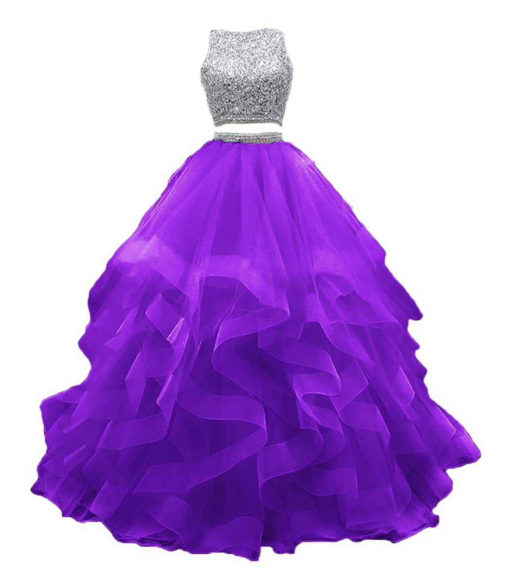 KaBuNi 2 Piece Prom Dress Long Beaded Quinceanera Gown with Layered Ruffle Tulle - Elegant Sweet 16 Ball Gown for Homecoming, Wedding, and Formal Events