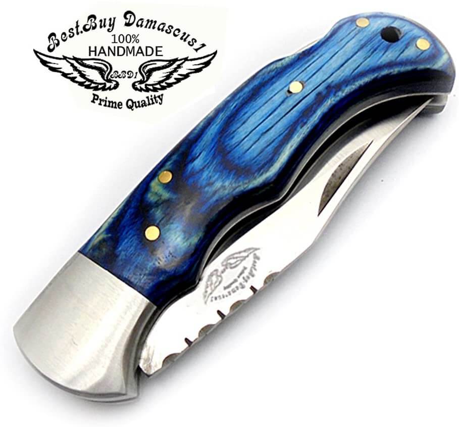 Handmade 6.5 Inch Blue Bolster Wood Pocket Knife Set - Perfect for Camping, Hiking & Outdoor Adventures