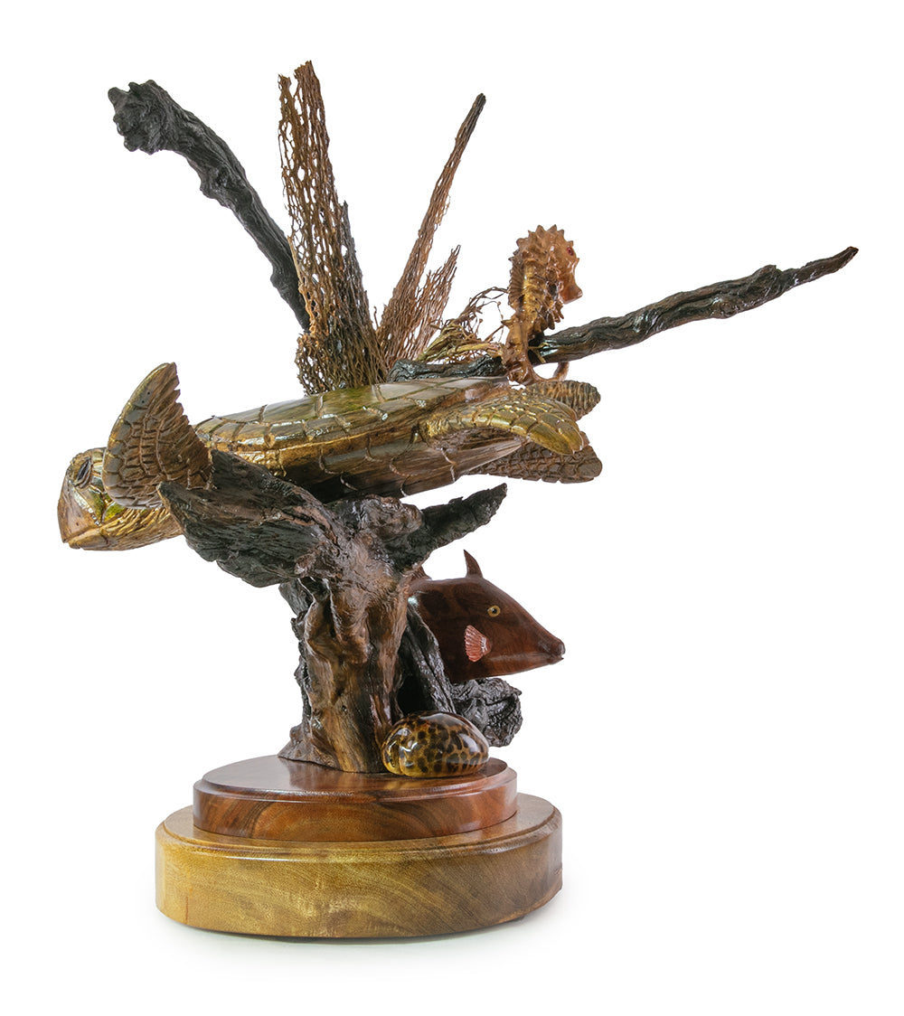 Handcrafted Koa Wood Sculpture - Reef Explorer by Craig Nichols | Unique Hawaiian Art, Home Decor & Office Gift for Nature Lovers