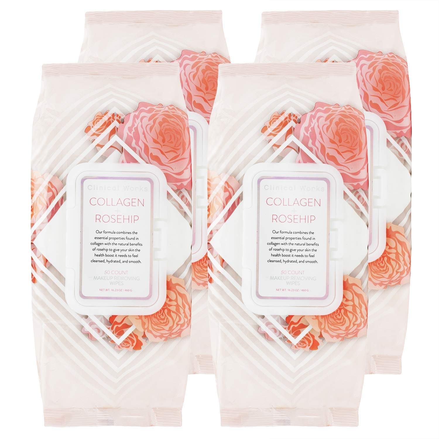 Bulk Makeup Remover Wipes with Collagen & Rosehip - 4 Pack Facial Cleansing Wipes for Gentle Skin Care | Perfect for Travel, Gym & Daily Makeup Removal