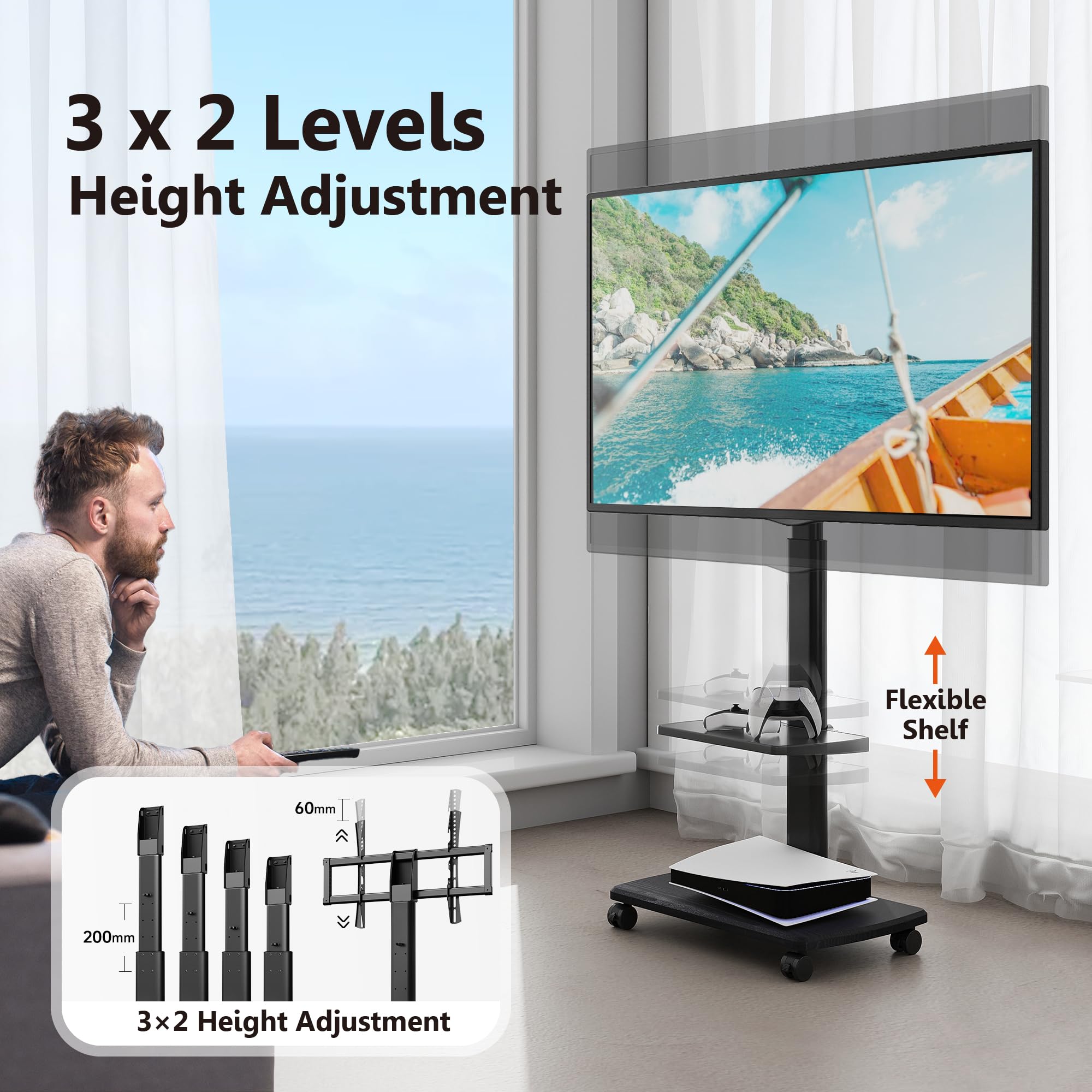 FITUEYES Rolling TV Stand with Swivel Mount - Mobile TV Cart on Wheels for 32 to 70 Inch Flat Screen TVs - Adjustable Height Floor TV Stand for Bedroom, Living Room, Home Office, Dorm & Outdoor Use - Black
