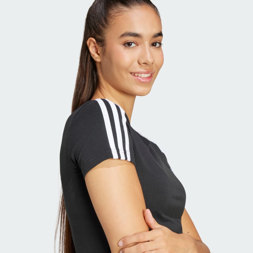 Adidas Women's Essentials 3S Black Baby Tee - Soft Cotton Short Sleeve T-Shirt for Casual Wear, Gym & Everyday Outfits