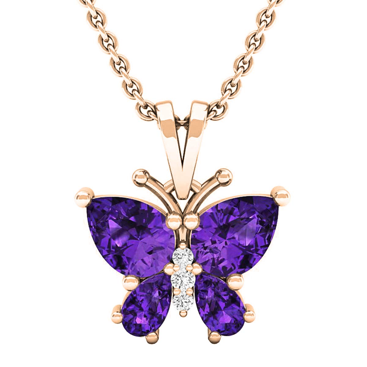 10K Solid Rose Gold Pear Amethyst & Diamond Butterfly Pendant Necklace for Women - Elegant Jewelry Gift for Birthday, Anniversary & Special Occasions