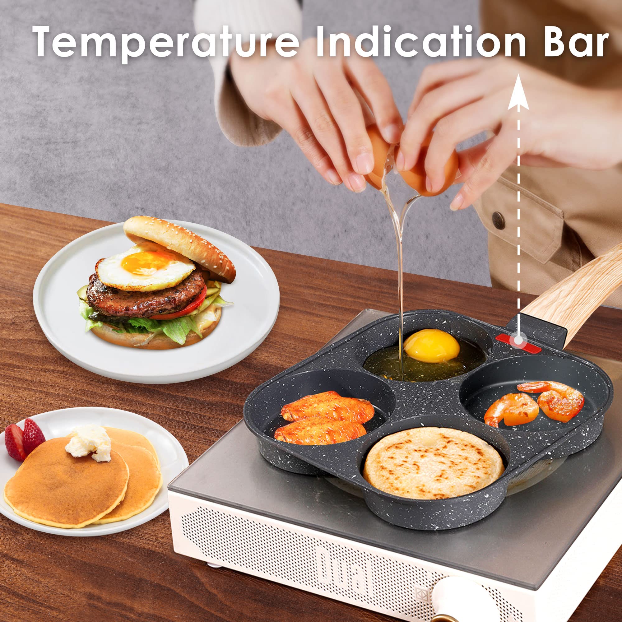 Nonstick 4-Cavity Pancake Pan with Lid - Aluminum Egg Frying Pan for Omelette, Hamburger & Breakfast - Includes Spatula, Brush & Clip - Perfect for Gas/Induction Stoves, Camping & Family Cooking