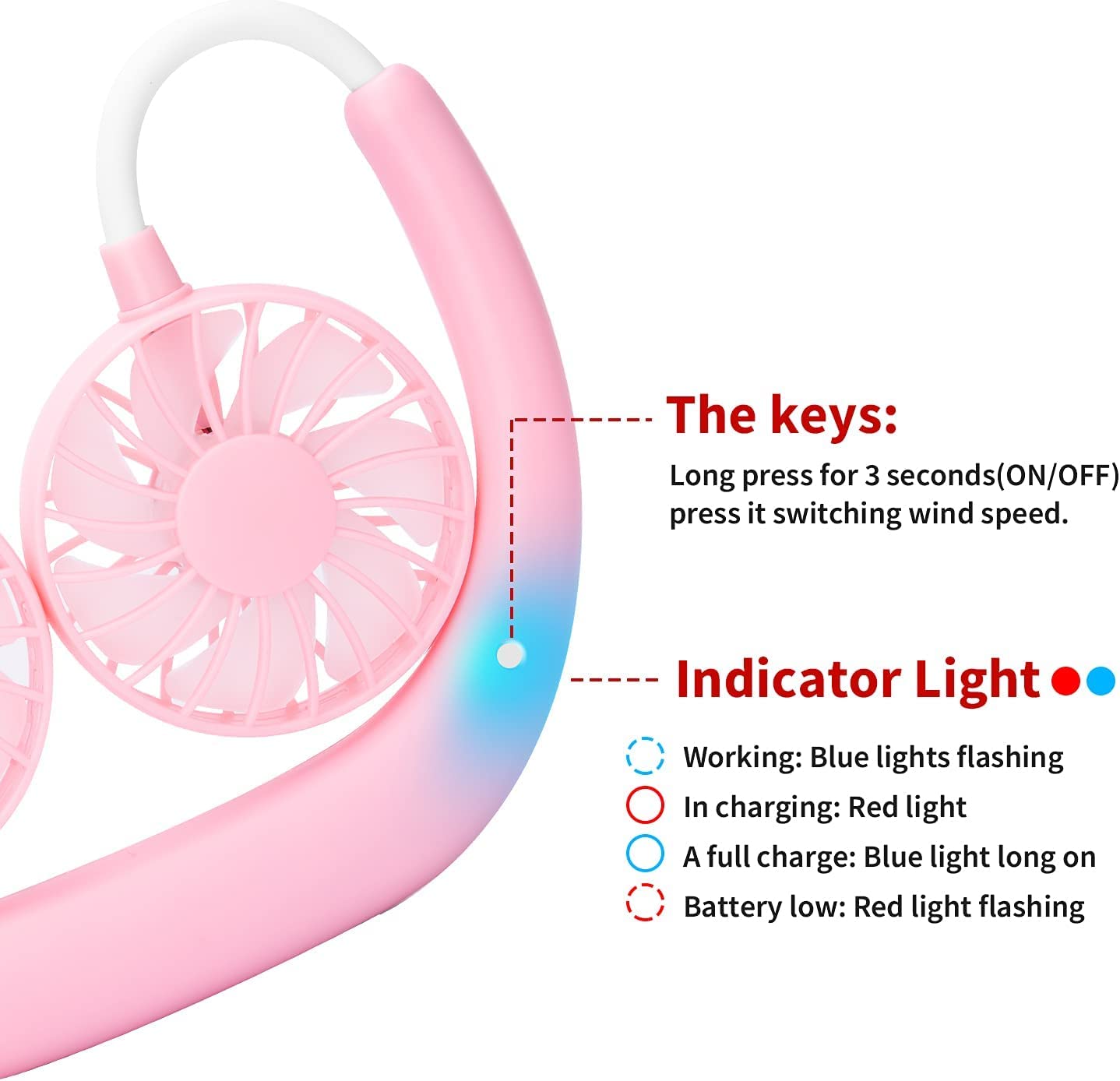 Portable Neck Fan Rechargeable - Hands-Free Personal Fan with 3 Speed Adjustable & 360° Rotation - Mini USB Wearable Neckband Fan for Sports, Office, Travel, Reading - Blue & Pink Options