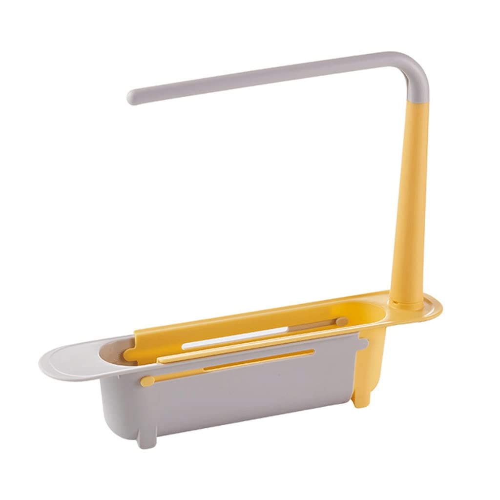 SCYMX Adjustable Telescopic Sink Shelf - Gold Kitchen Organizer with Sponge, Soap & Towel Holder - Expandable Sink Storage Basket for Small Spaces - Perfect for Kitchen, Bathroom & Laundry Room Organization