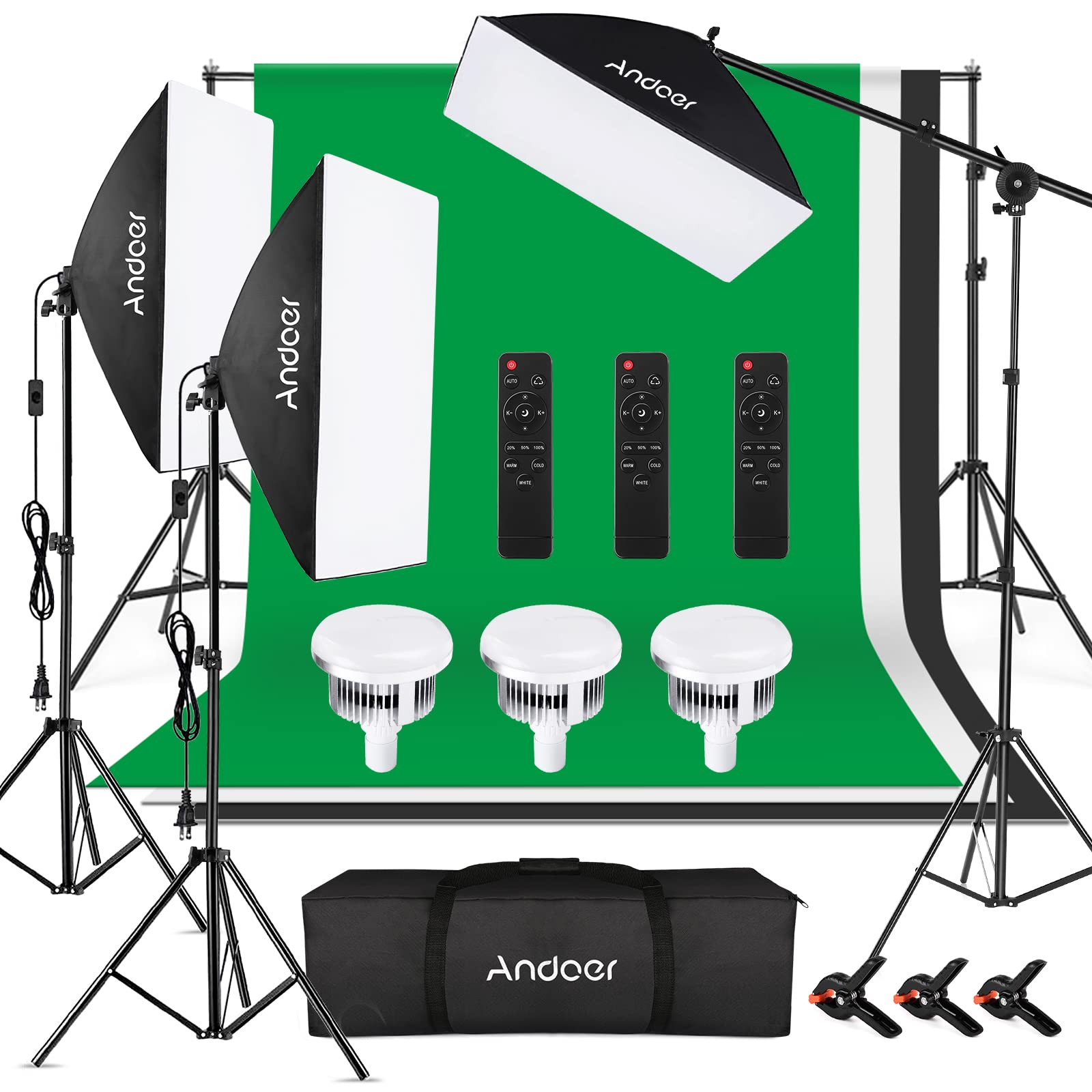 Andoer Professional 85W Bi-Color LED Softbox Lighting Kit (2800K-5700K) - 3 Softboxes, 3 Light Stands, Boom Arm, Remote Control & Backdrop Set for Photography, YouTube Videos, Product Shooting and Studio Lighting