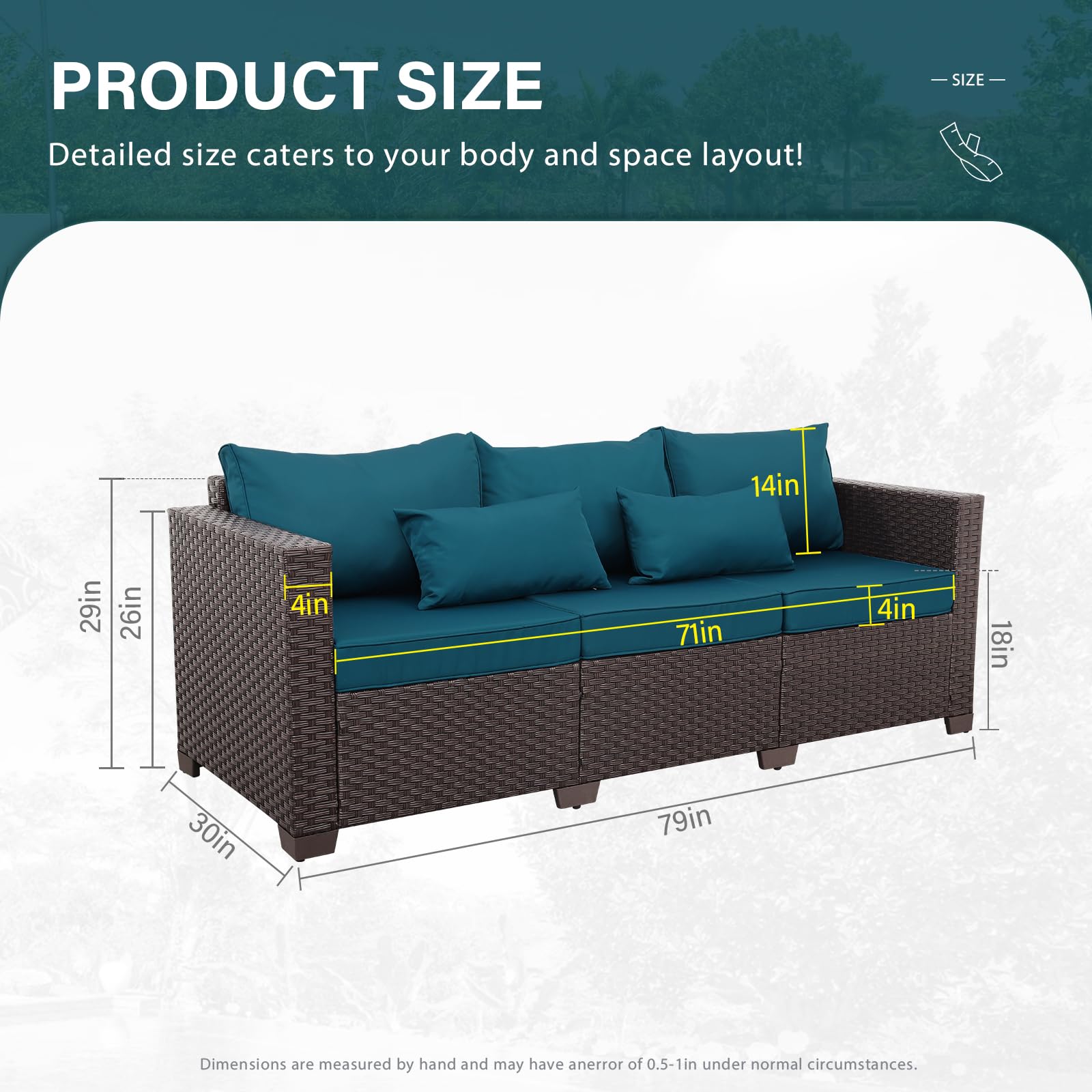 3-Seater Outdoor Sofa with Deep Seat & High Backrest - Waterproof, Non-Slip Cushions & Cover - Peacock Blue - Perfect for Patio, Garden, Poolside & Backyard Relaxation