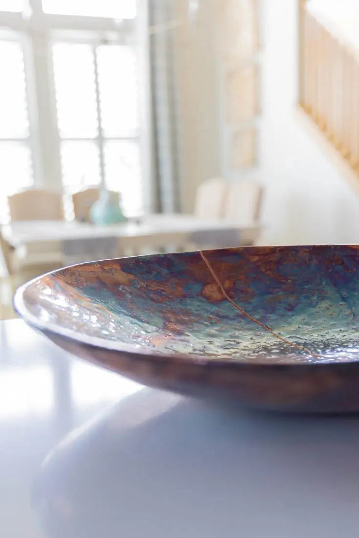 XXL Raku Kintsugi Decorative Bowl - Handcrafted Ceramic Art Piece for Home Decor, Zen Meditation & Table Centerpiece | Big Bowl Series #01