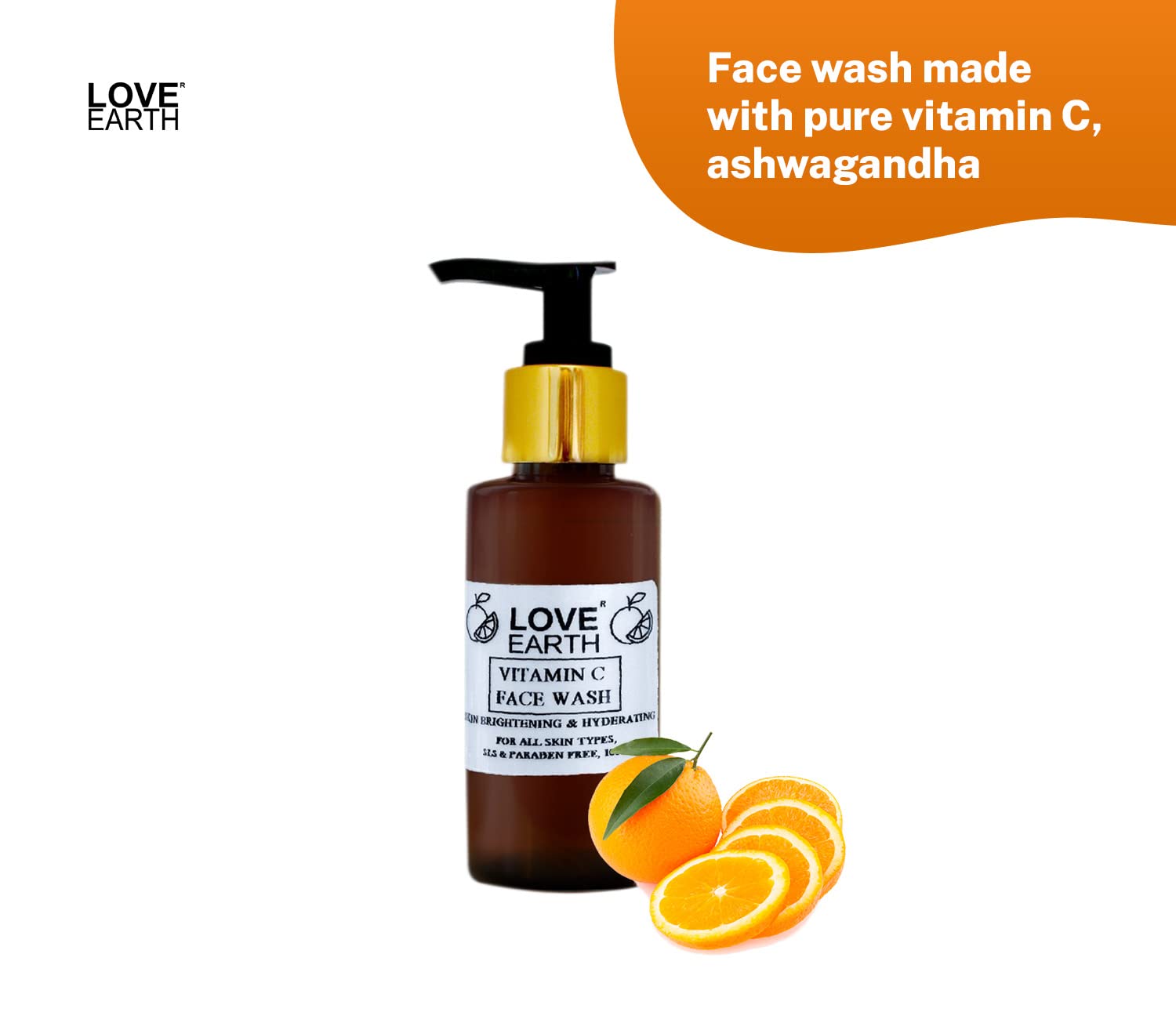 Love Earth Vitamin C Face Wash with Pure Vitamin C, Ashwagandha & Aloe Vera - Hydrating & Brightening Cleanser for All Skin Types (100ml) | Daily Skincare Routine for Glowing Complexion