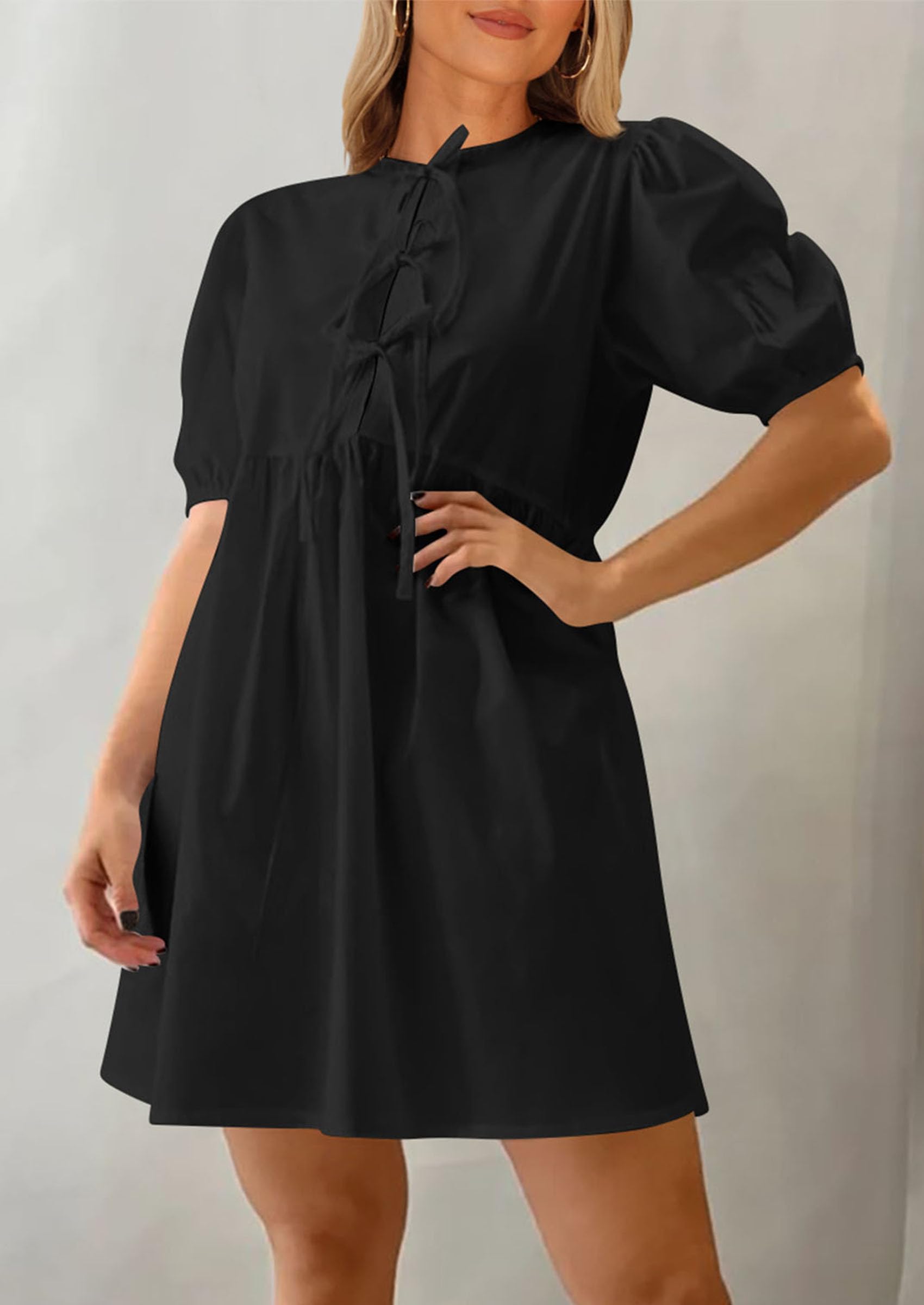 PRETTYGARDEN Women's Summer Casual Short Sleeve Dress - A-Line Bow Tie Front Babydoll Mini Dress with Pockets | Loose Fit Cute Flowy Dress for Beach, Vacation & Daily Wear