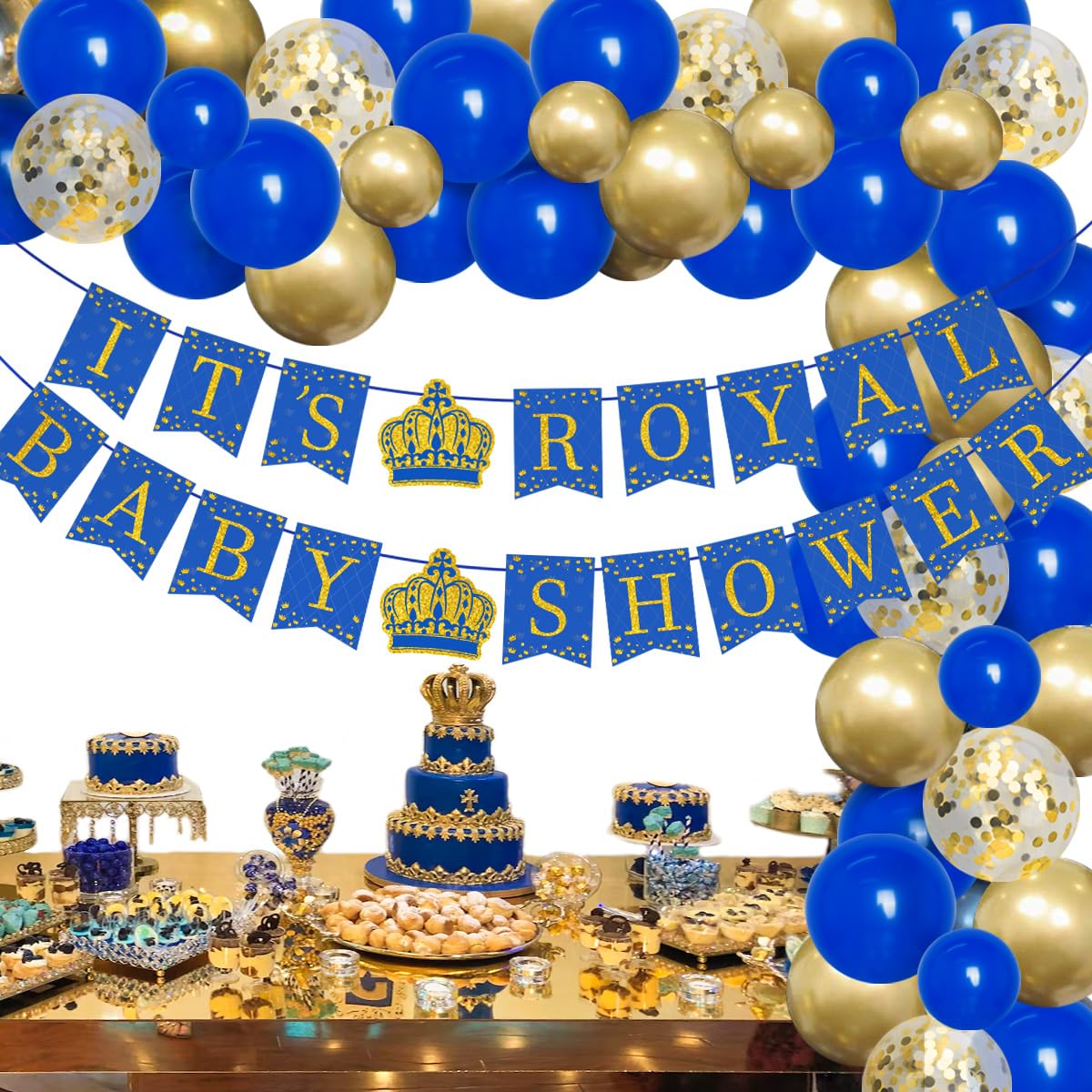 Royal Prince Baby Shower Decorations Kit - Blue & Gold Balloon Garland Arch, Crown Banner, Foil Balloons for Boys & Girls - Perfect for Little Prince Baby Showers, 1st Birthday Parties & Royal Themed Celebrations