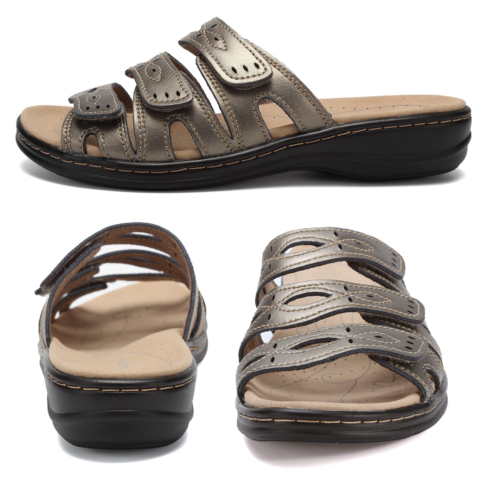 **Women's Classic Leather Sandals with Arch Support – Adjustable Hook & Loop Straps Slip-On Casual Shoes – Lightweight & Comfortable for Outdoor Walking, Travel & Summer Wear**
