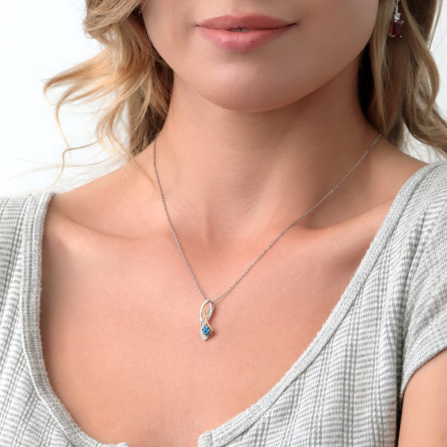 10K Yellow Gold & 925 Sterling Silver Oval Birthstone Pendant Necklace for Women - 6x4mm Gemstone with White Lab-Grown Diamond - 18 Inch Silver Chain - Perfect Gift for Birthday, Anniversary & Mother's Day