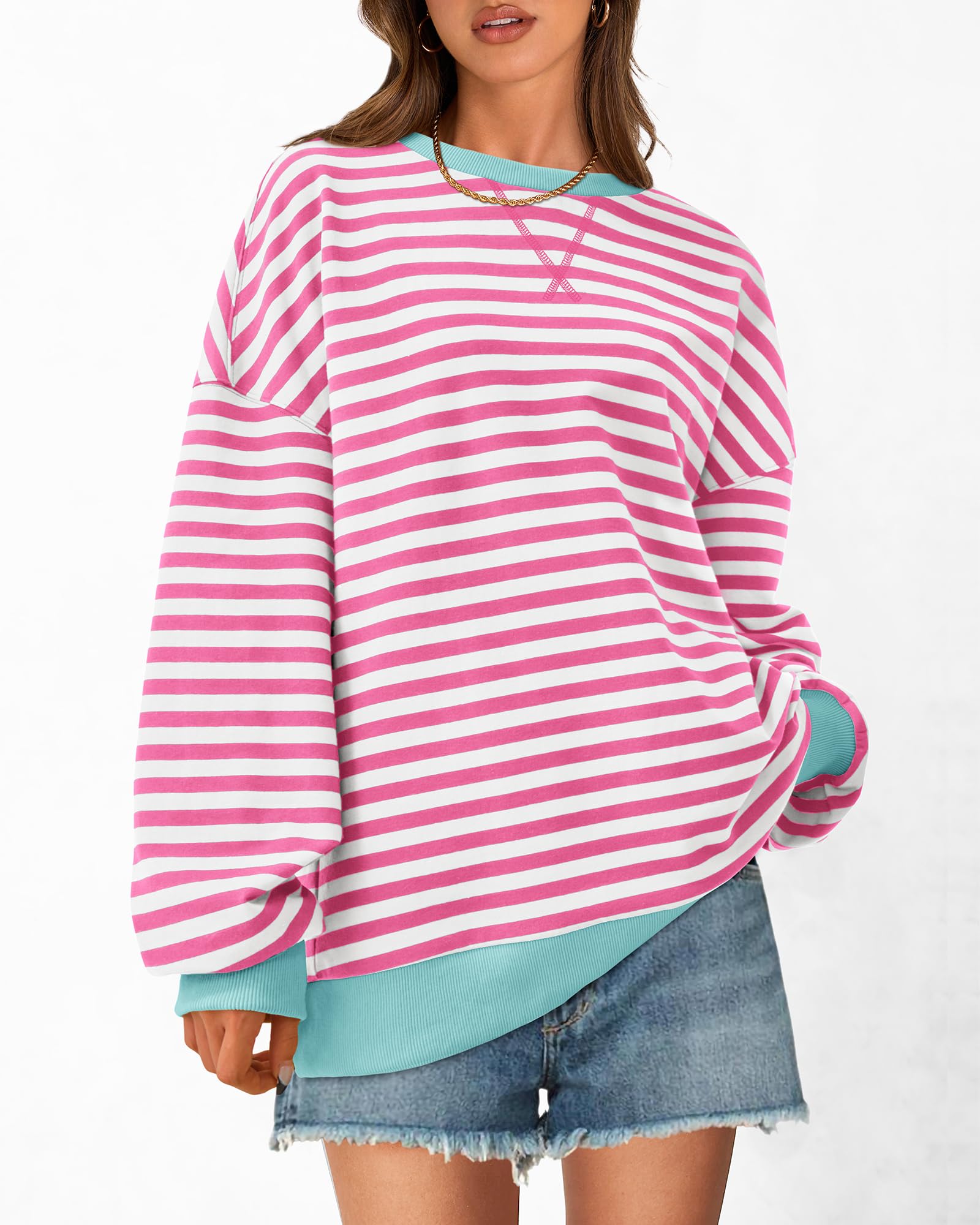 BTFBM Women's Striped Pullover Sweatshirt - Soft Long Sleeve Crewneck Y2K Style Loose Fit Fall Fashion 2025 | Casual Outfits, Streetwear, Layering for Cool Weather