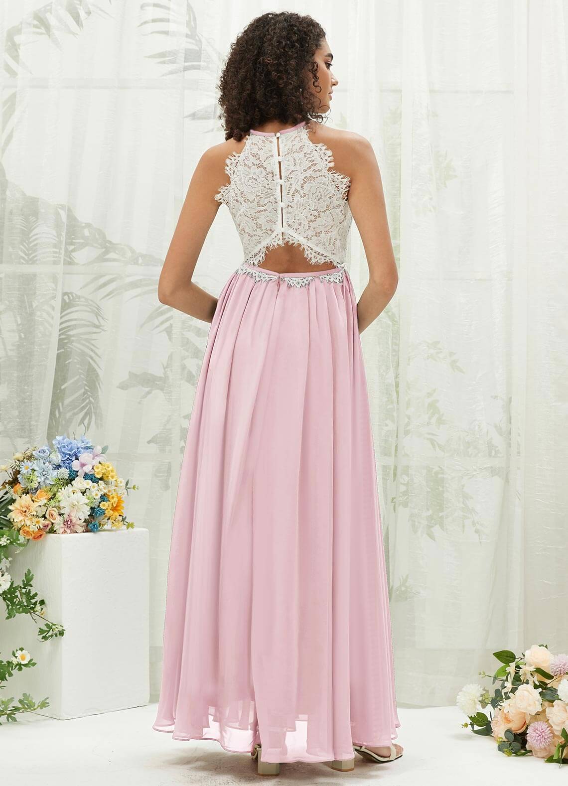 Elegant Blush Pink Lace Halter Neck Backless Chiffon Bridesmaid Dress with High Slit - Perfect for Weddings, Formal Events & Special Occasions