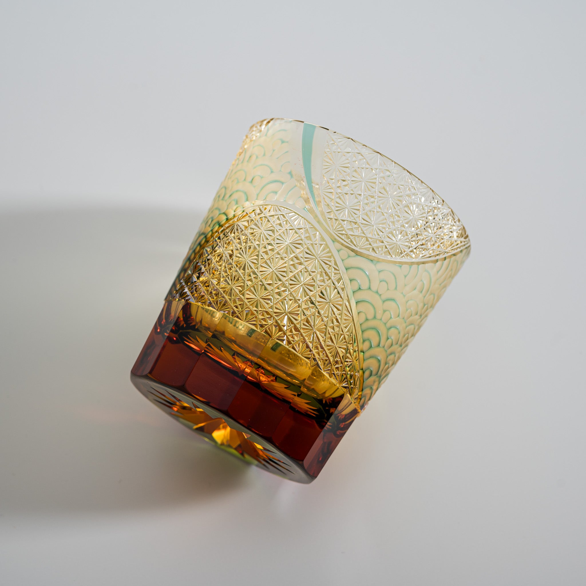 Yamada Crystal Glass Rock Glass - Wave Design in Amber Green - Perfect for Whiskey, Bourbon, and Cocktail Drinking at Home or Bar