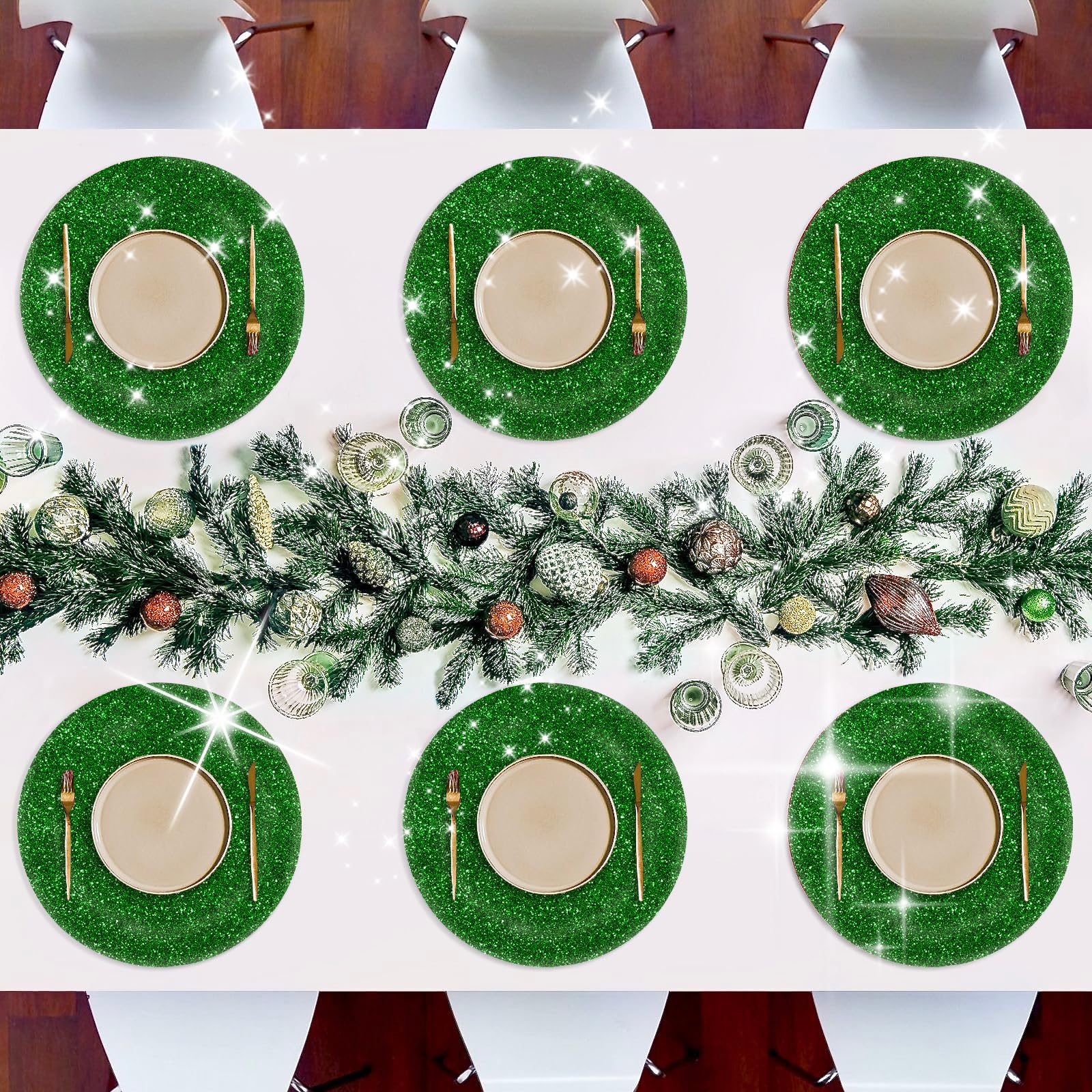 **Glitter Sparkle Round Placemats Set of 4 - 15.4 Inch Green Placemats for Kitchen Table, Kids, Christmas & Wedding Party Decor | Durable & Stylish Dining Mats**    *(Use: Perfect for festive dinners, holiday gatherings, kids' parties, and elegant wedding table settings!)*