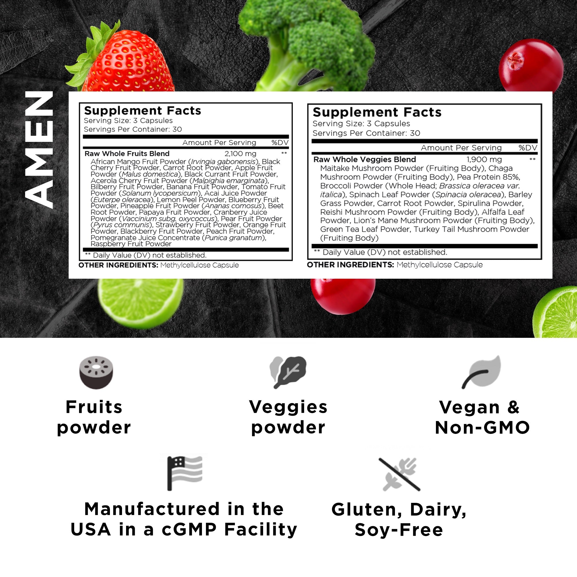 Codeage Amen Fruits + Veggies Multivitamin Bundle - Organic Whole Food Multivitamin for Men & Women - Daily Immune Support & Energy Boost - Perfect for Active Lifestyles & Wellness Routines