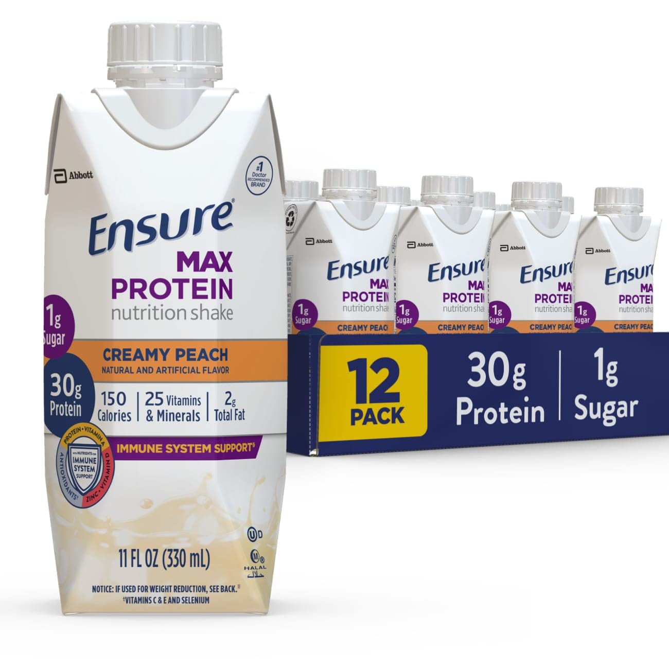 Ensure Max Protein Nutrition Shake - 30g Protein, 1g Sugar, High Protein Drink, Creamy Peach Flavor, 11 fl oz (Pack of 12) - Ideal for Post-Workout Recovery, Meal Replacement & On-the-Go Nutrition