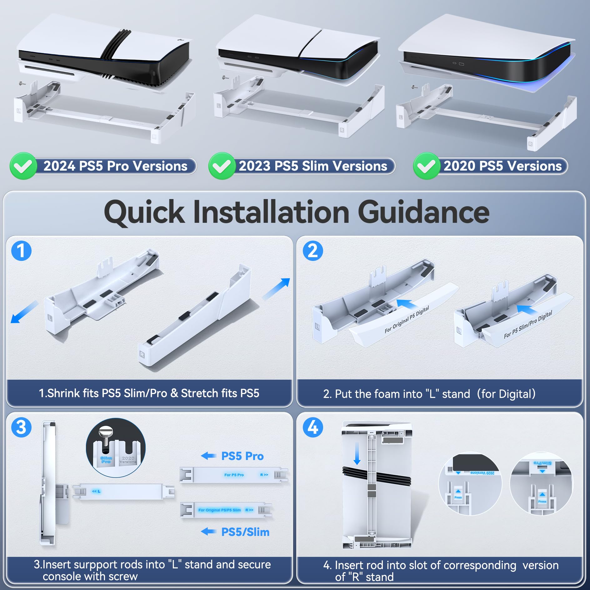 OIVO PS5 Horizontal Stand for PlayStation 5 Slim/Pro Console - Stable Base Stand with Upgraded Support Rods & Scalable Design for Disc & Digital Editions | Perfect for Gaming Setup, Living Room Entertainment & Console Protection