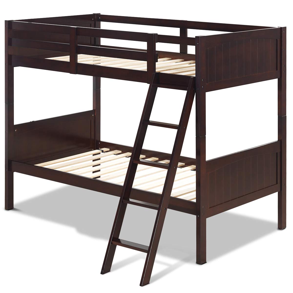 Costzon Solid Rubberwood Twin Over Twin Bunk Bed for Kids - Convertible to 2 Individual Twin Beds with Ladder & Safety Rail - Espresso Finish - Perfect for Kids' Bedrooms, Sleepovers & Space-Saving Solutions