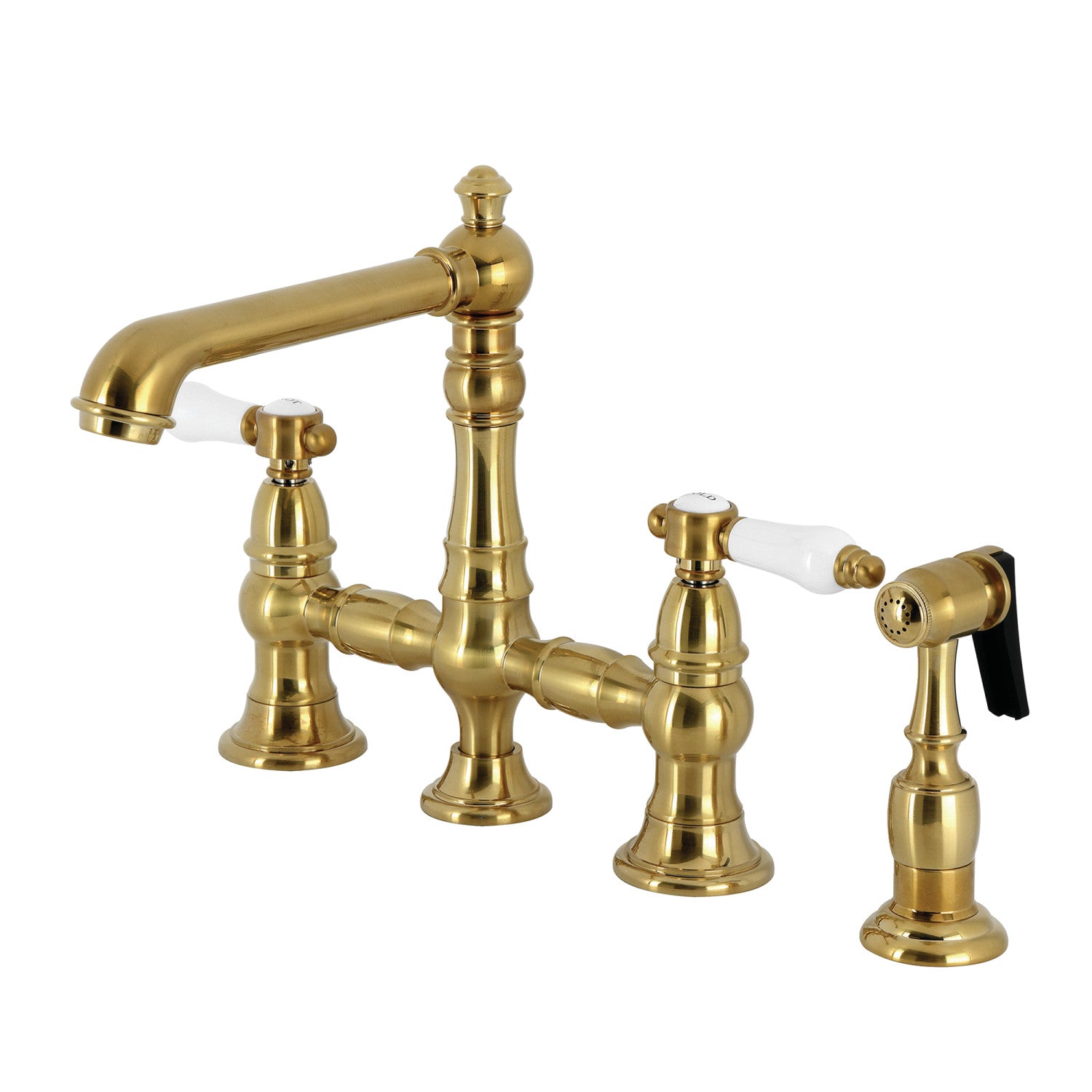 Bel Air KS7277BPLBS Brushed Brass Two-Handle 4-Hole Deck Mount Bridge Kitchen Faucet with Side Sprayer - Perfect for Farmhouse, Vintage & Industrial Style Kitchens