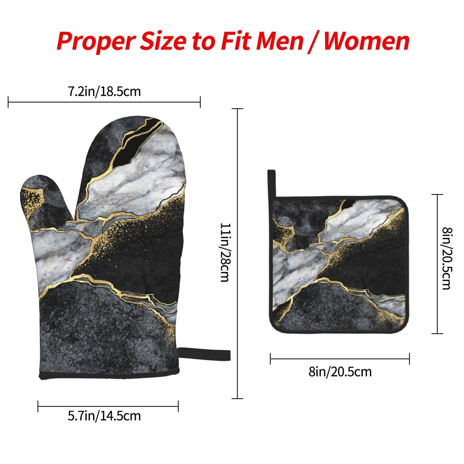 Heat Resistant Oven Mitts and Pot Holders Set of 3 - Black Marble Gold Crack Design, Non-Slip Kitchen Gloves for Baking, Cooking, Grilling & BBQ - Perfect for Home Chefs and Holiday Cooking