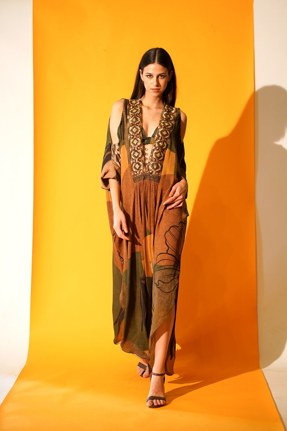 Stylish Tropical Brown Kaftan with Exquisite African Baroque Hand Embroidery - Perfect for Beach Vacations, Summer Parties & Boho Fashion