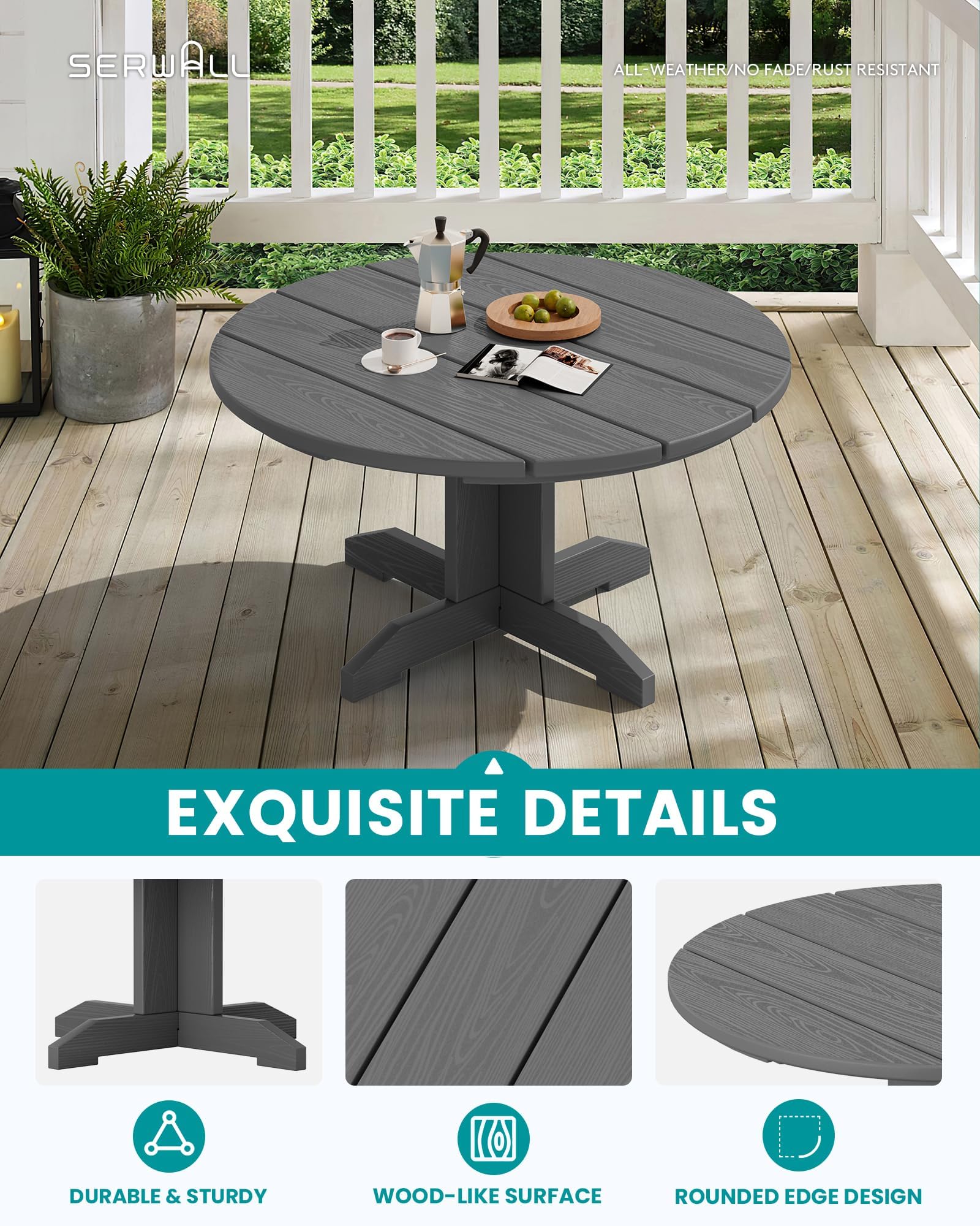 SERWALL Outdoor Round Coffee Table - Weather-Resistant HDPE Patio Table for Balcony, Garden, Backyard - Perfect for Outdoor Entertaining & Relaxation (Grey)
