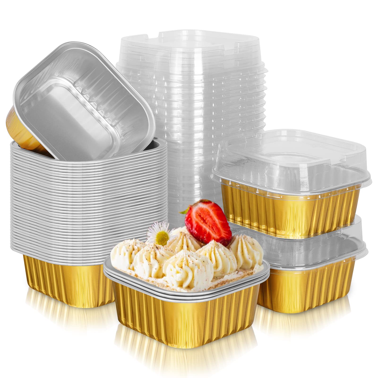 HEYYUMI 50-Pack 5oz Aluminum Foil Mini Square Baking Cups with Lids - Disposable Ramekins, Muffin Tins & Dessert Containers for Cheesecake, Brownies, Flans - Perfect for Home Baking, Parties & Meal Prep