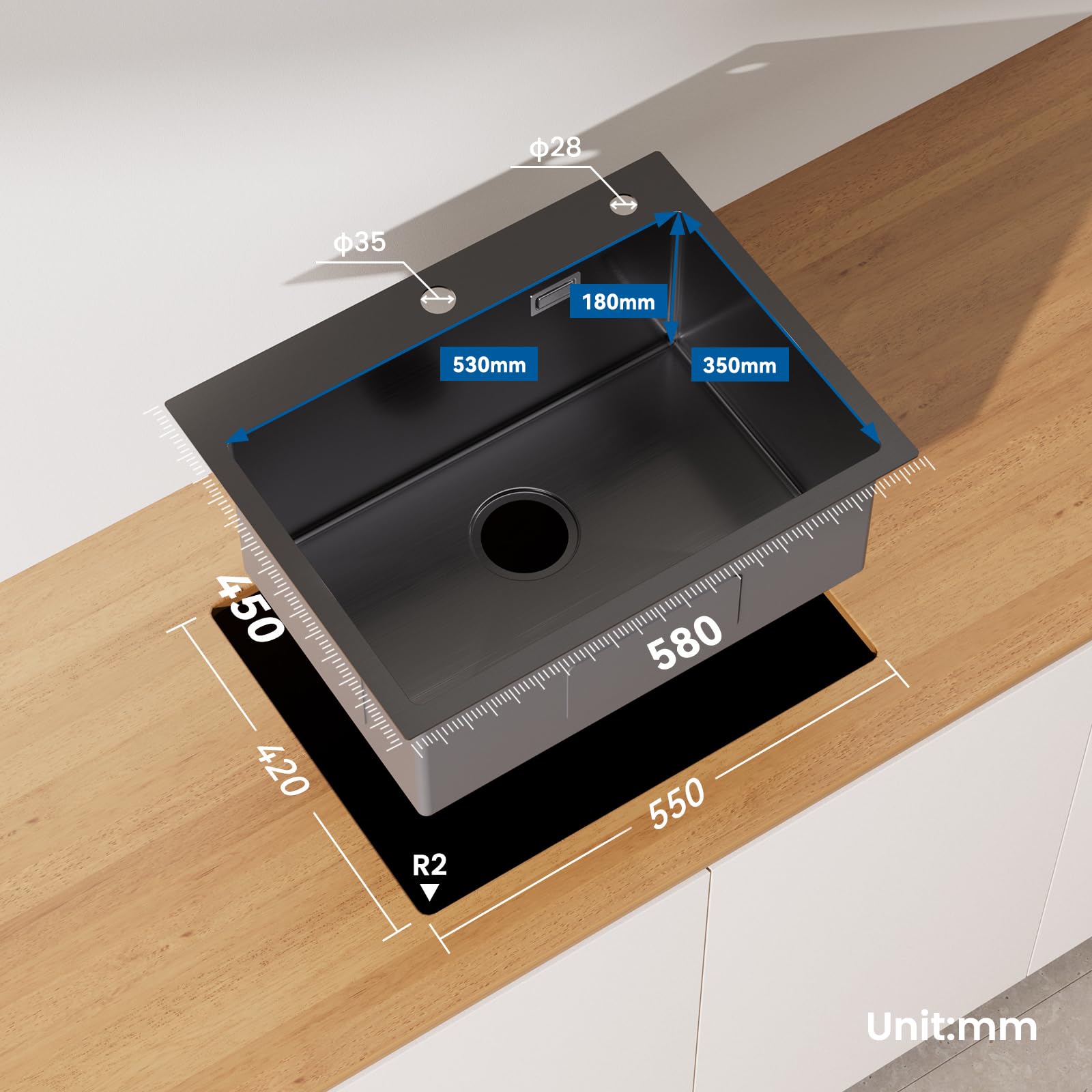 Lonheo 58 x 45 cm Black Kitchen Sink with Foldable Drainboard & Soap Dispenser - Single Bowl Stainless Steel Sink with Drainage System - Perfect for Modern Kitchens, Apartments & Small Spaces
