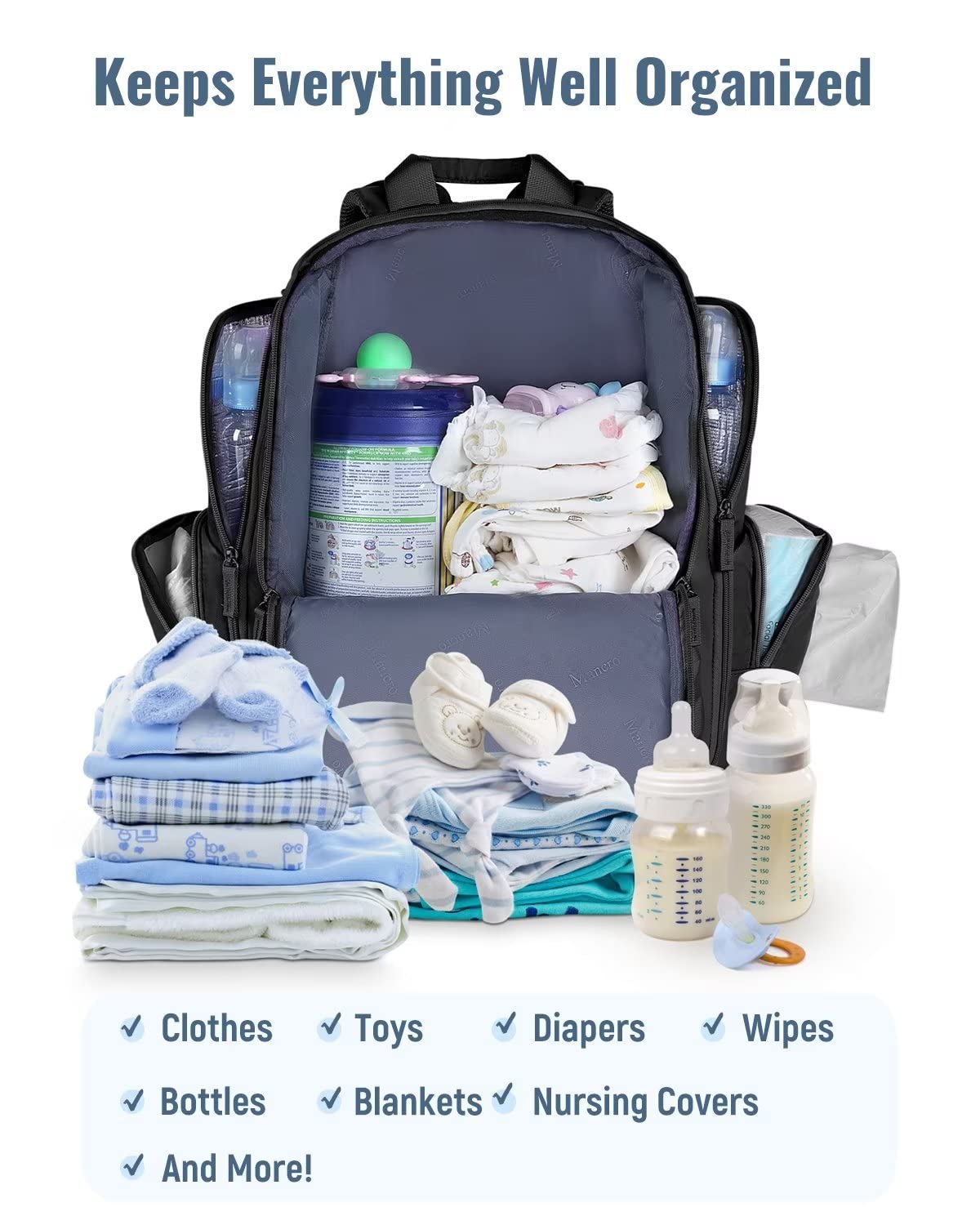 Mancro Diaper Bag Backpack for Men & Women - Large Waterproof Baby Bag with 2 Insulated Side Pockets, Stroller Straps & Travel-Friendly Design - Perfect for Daycare, Travel & On-the-Go Parents (Black)