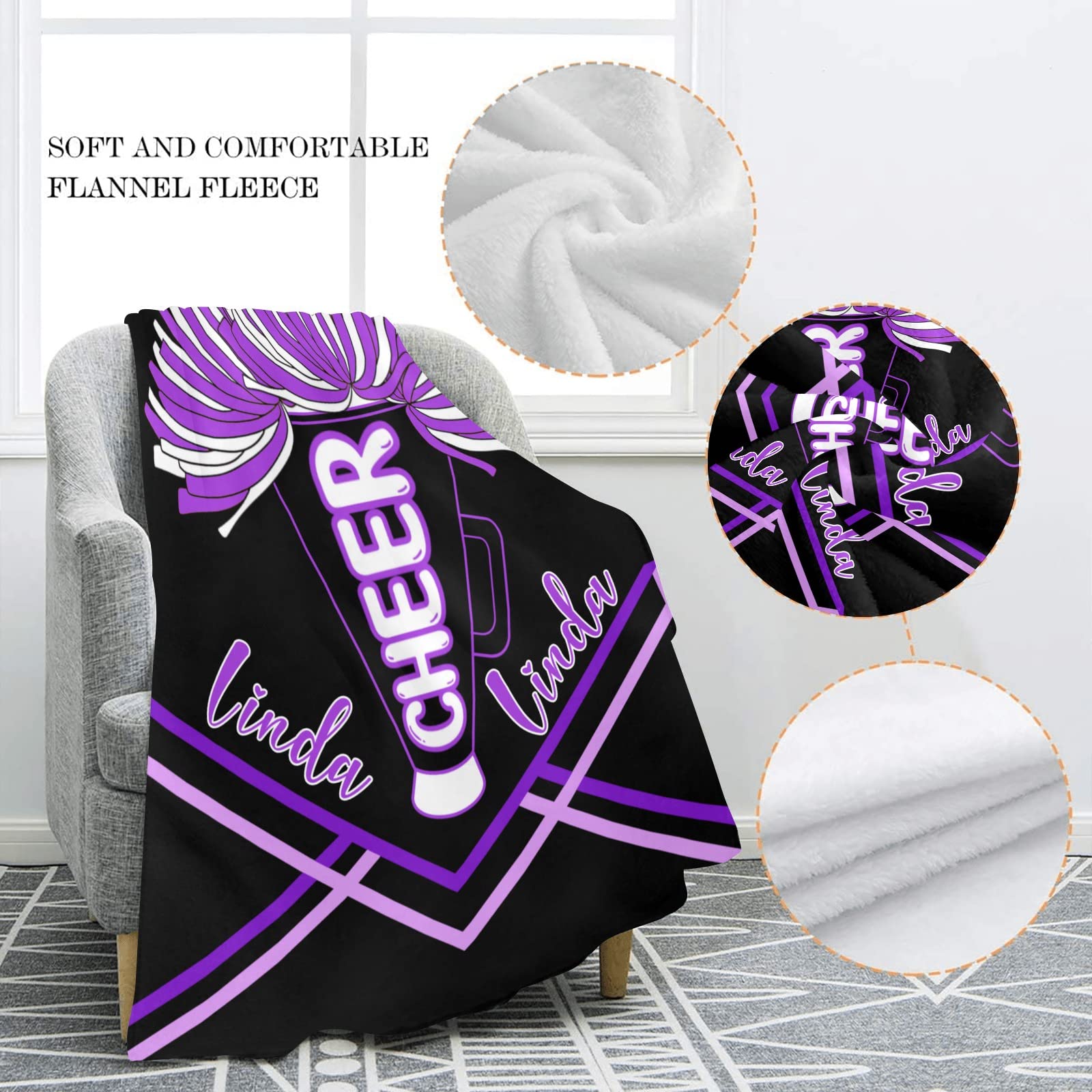 Custom Name Purple Cheerleader Fleece Throw Blanket 50x60 Inch - Personalized Dance Team Gift, Soft Sofa Couch Bed Blanket for Weddings, Parties & Game Day Cozy Decor