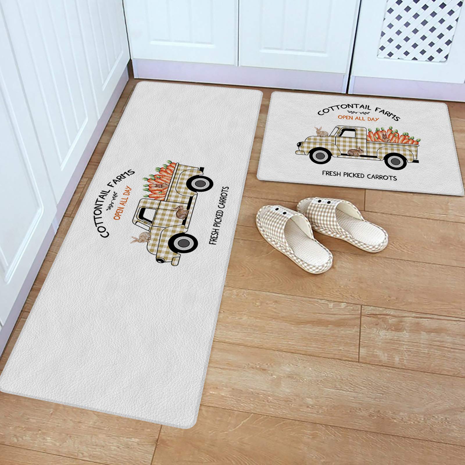 Non-Slip PVC Leather Kitchen Rug Set - 2 Piece Waterproof Floor Mats with Easter Bunny & Carrot Design (18