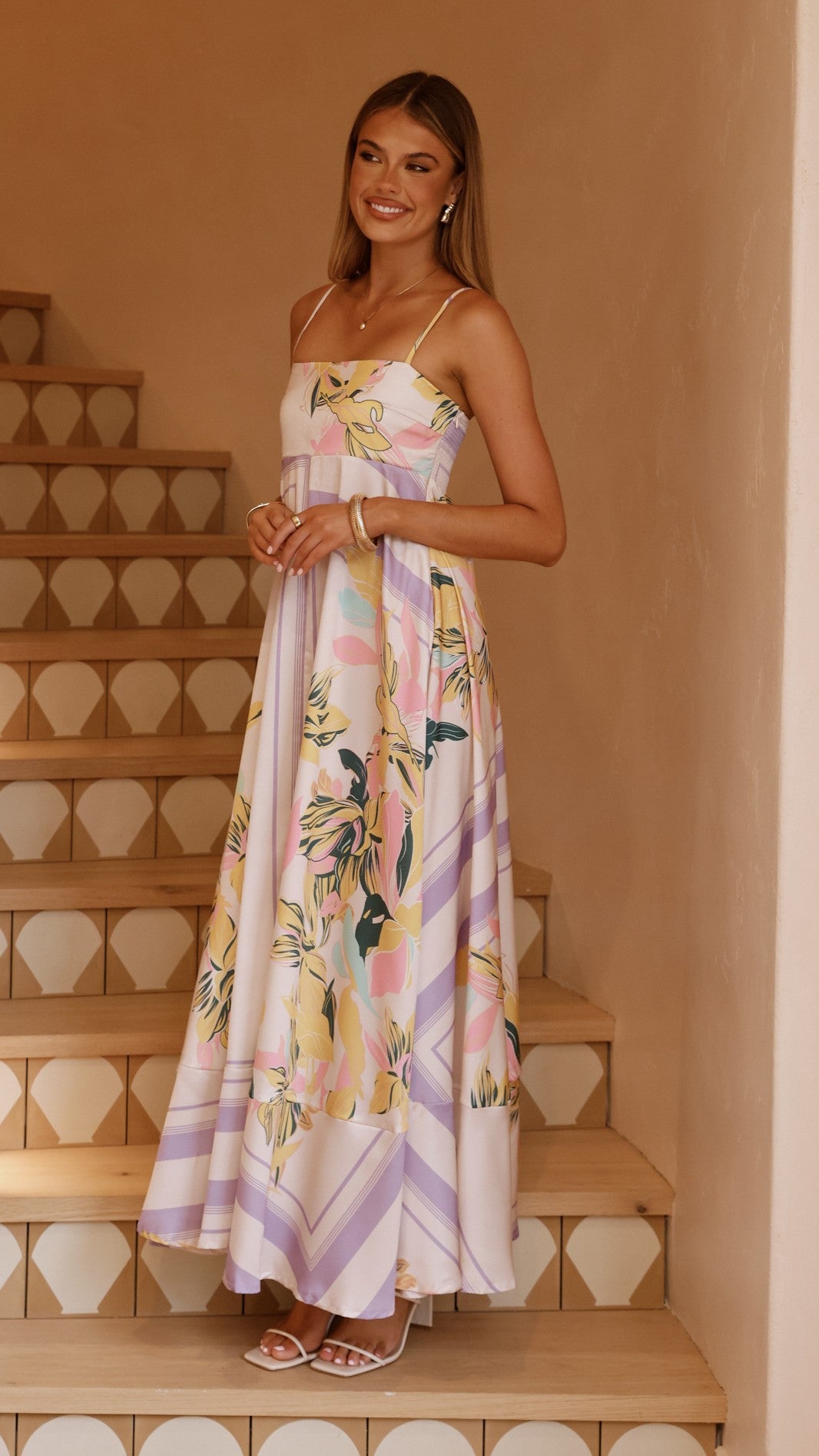 Kaethe Maxi Dress for Women - Elegant Beige & Lilac Flowy Long Dress - Perfect for Beach Vacations, Summer Parties & Casual Outings