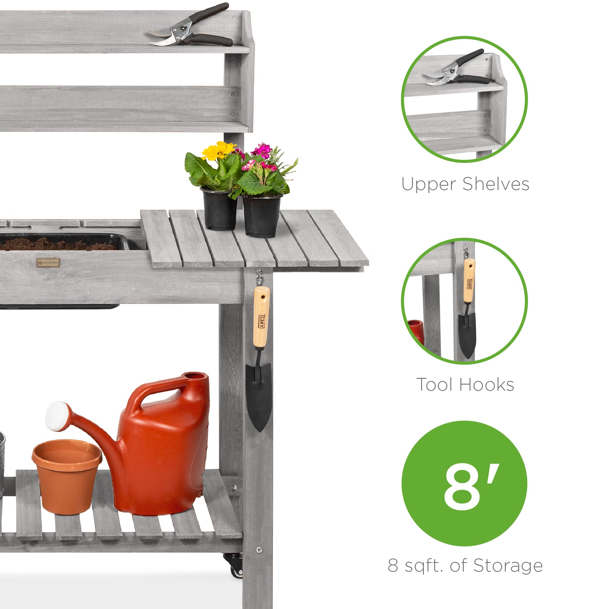 Best Choice Products Mobile Garden Potting Bench - Outdoor Wooden Workstation Table with Sliding Tabletop, 4 Locking Wheels, Food-Grade Dry Sink & Storage Shelves - Perfect for Gardening, DIY Projects & Outdoor Workspaces (Gray)