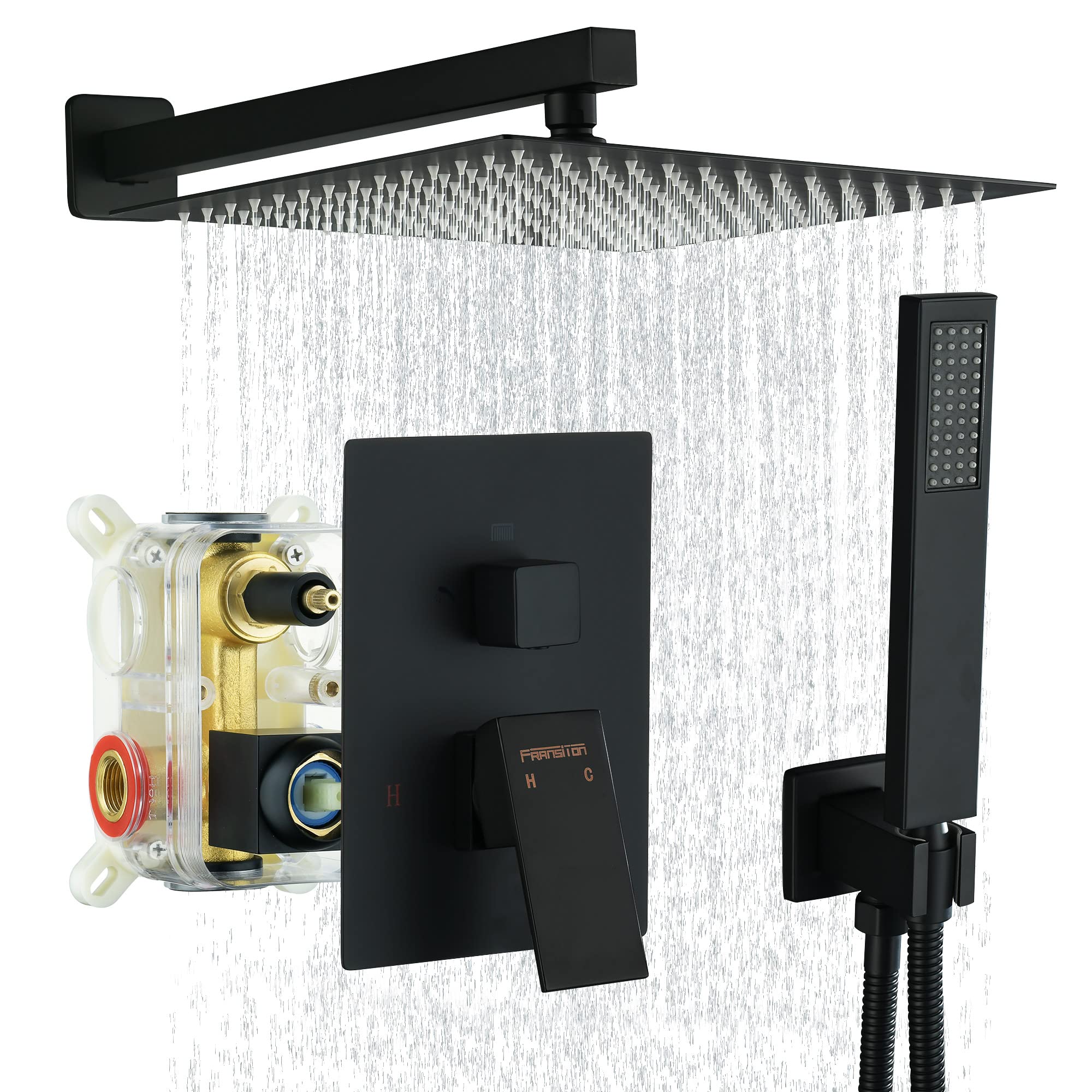 Fransiton 12 Inch Brushed Nickel Ceiling Mount Rain Shower System Set with Handheld Shower Head - Bathroom Shower Kit Including Faucet Brass Valve Body & Trim - Perfect for Luxurious Spa-Like Showers in Modern Bathrooms